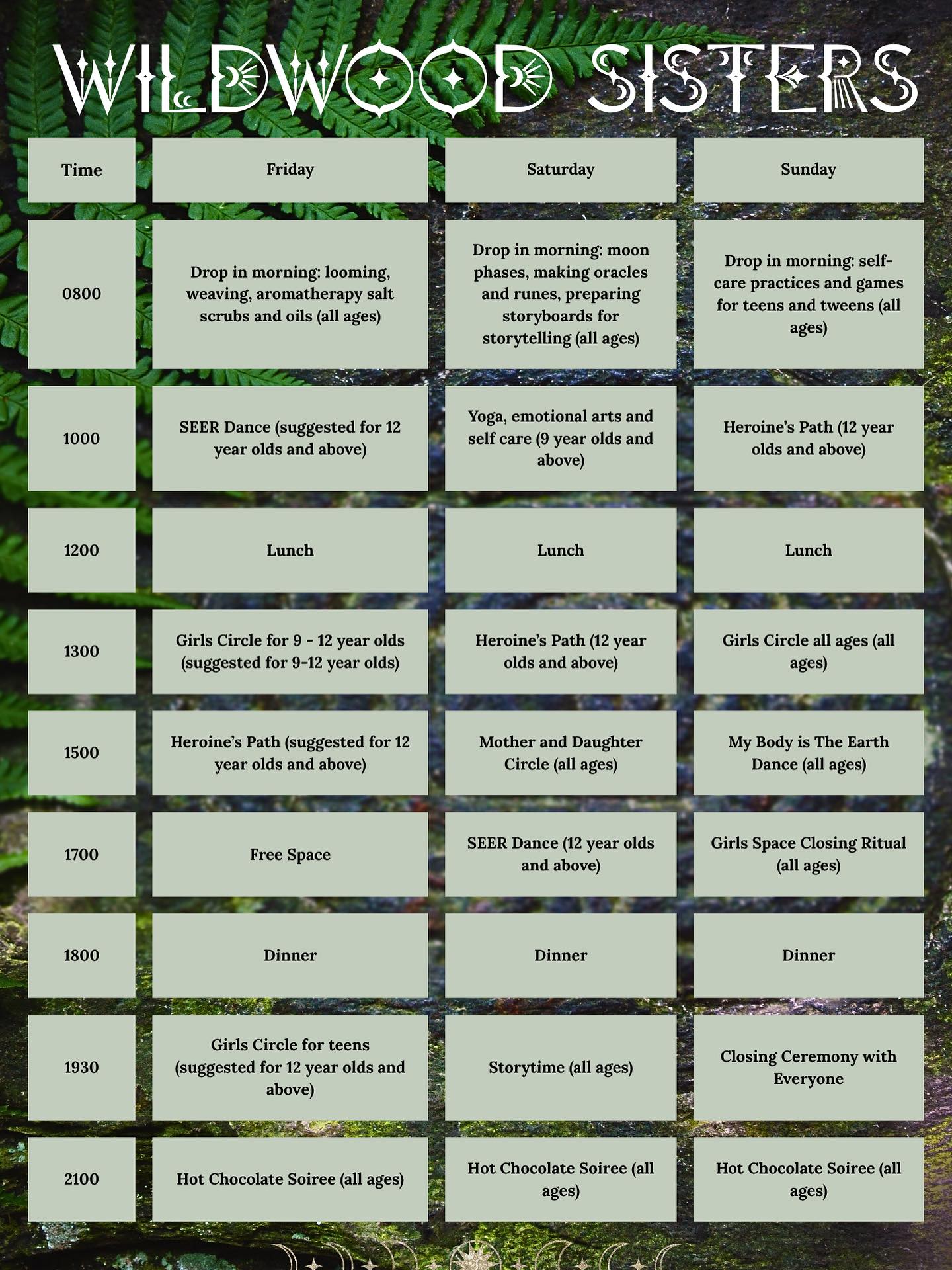 🌸🌱🌲Wildwood Sisters is our space for teens and adolescent girls!🌲🌱🌸
🌀From crafts, to learning emotional arts and self care, to circles, to mother & daughter time, to games, yoga, dance, stories, and workshops to hot chocolate! What a line up! ☕️✨🌌
🌀How beautiful to have Frances of Wildwood Sisters offering such a beautiful array of activities and experiences in a special space for our young girls at our gathering! 🍃
#medicinewoman #wildwoodsisters #sisterhood #teenspace #menarche #adolesencecircles #connection #magic #womenhealingwomen #gathering #village #festival #remembering #ancestralways
