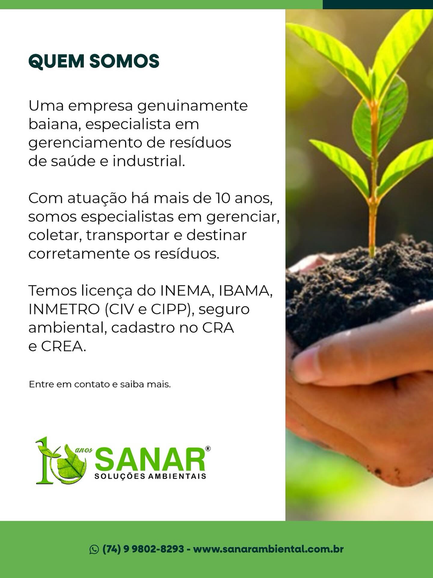 Sanar Soluções Ambientais
.
Especialista em gerenciamento de resíduos de saúde há mais de 10 anos.
.
Soluções ambientais que fazem a diferença.
.
Fale conosco pelo 7436332402
.
Nós temos a melhor solução para o seu resíduo.
