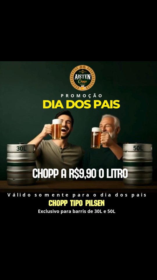 Promoção DIA DOS PAIS
Chopp Pilsen R$ 9,90
*Apenas para barrils de 30 e 50 litros, não incluso equipamento.
Ligue e garanta o seu! (11) 99561-4527
Informações www.aistenchopp.com.br
#choppaisten #chopp #pilsen #cervejas #brejadodia #salto #indaiatuba #itu