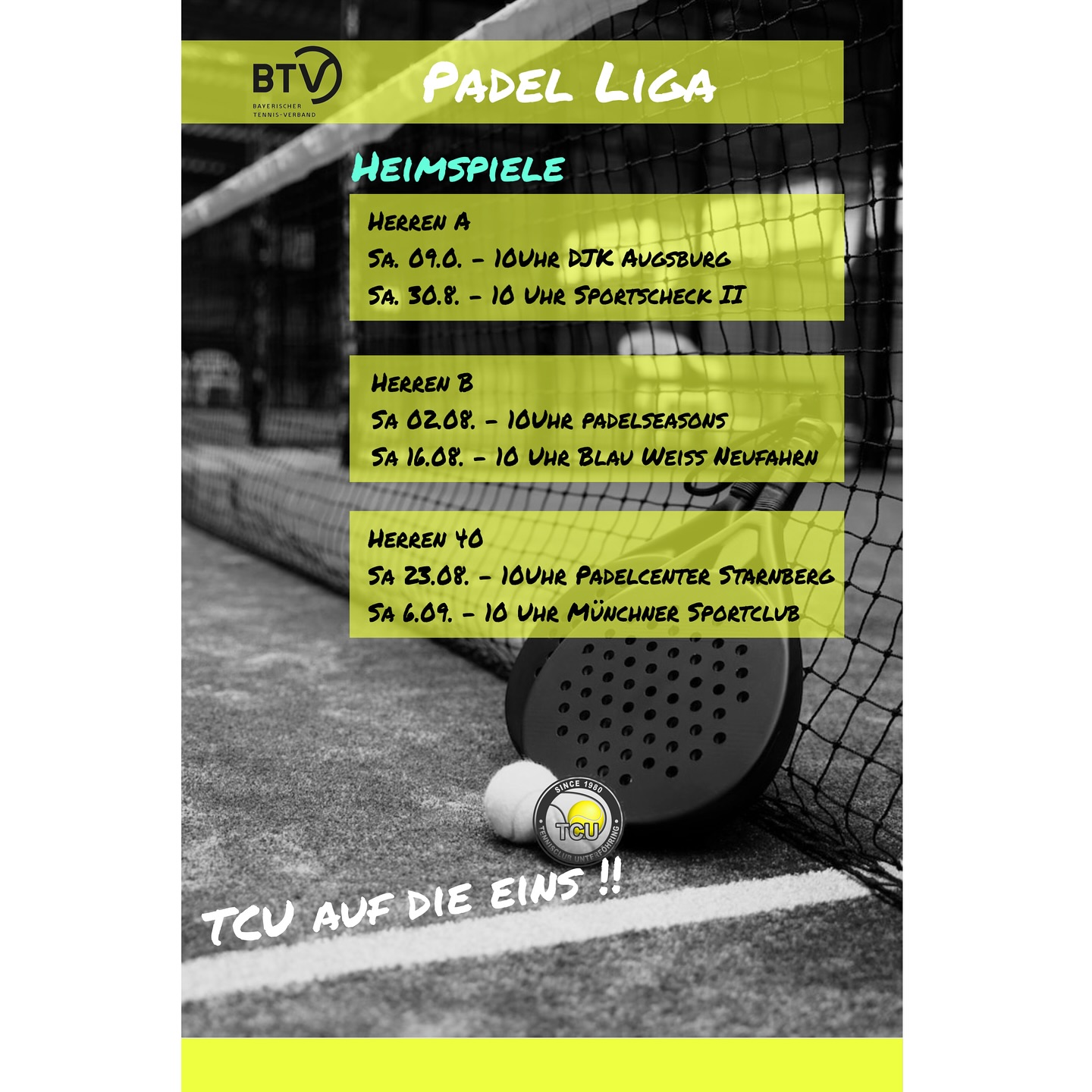 🎾🔥 Nach der Tennissaison ist vor der Padelsaison! Los geht’s!
Zum ersten Mal startet die BTV Padel Liga – und der TCU ist mit gleich 3 Teams am Start! Pro Spieltag stehen 2 Doppel mit je 4 Spieler:innen auf dem Court.
Seid dabei, wenn’s um jeden Punkt geht! 🎾💪 #bayerischertennisverband #tcuaufdieeins #padellove