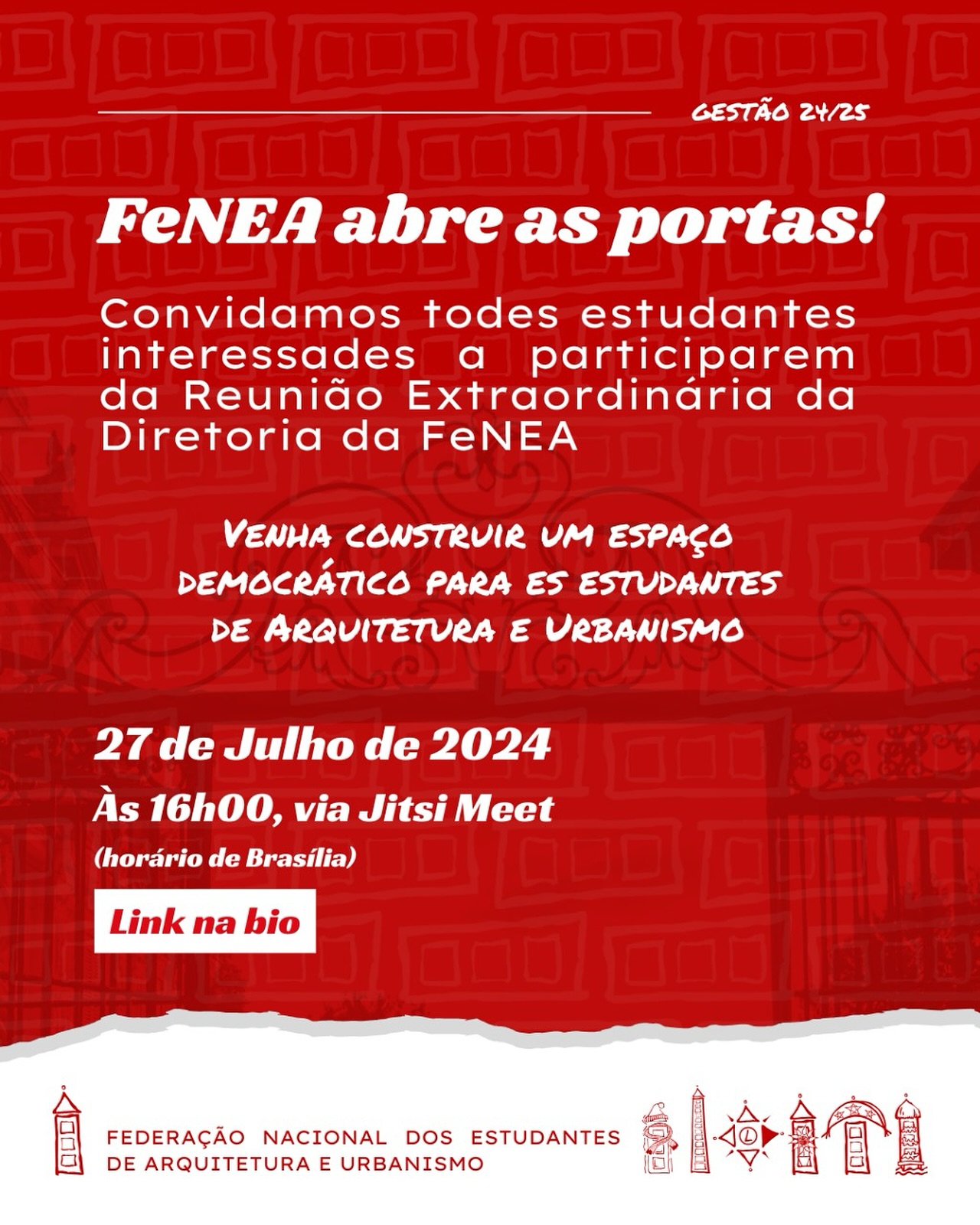 FeNEA abre as portas!
Neste domingo, 27 de julho, às 16h (horário de Brasília), a Diretoria da FeNEA realiza uma Reunião Extraordinária aberta para todes estudantes de Arquitetura e Urbanismo.
Será um momento para conhecer os trabalhos da gestão 24/25, acompanhar as discussões e contribuir para a construção de um espaço democrático para es estudantes.
📌 Como participar?
O encontro será online, via Jitsi Meet.
🔗 Link de acesso: https://meet.jit.si/reuni%C3%A3oextraordin%C3%A1riaabertafenea
🗓 Data: 27/07
⏰ Horário: 16h (Brasília)
📍 Local: Online
Vem com a gente fortalecer o movimento estudantil! ✊
#FeNEA #ArquiteturaEUrbanismo #movimentoestudantil #vivaafeneaquefazagenteseencontrar #estudantesarquitetura