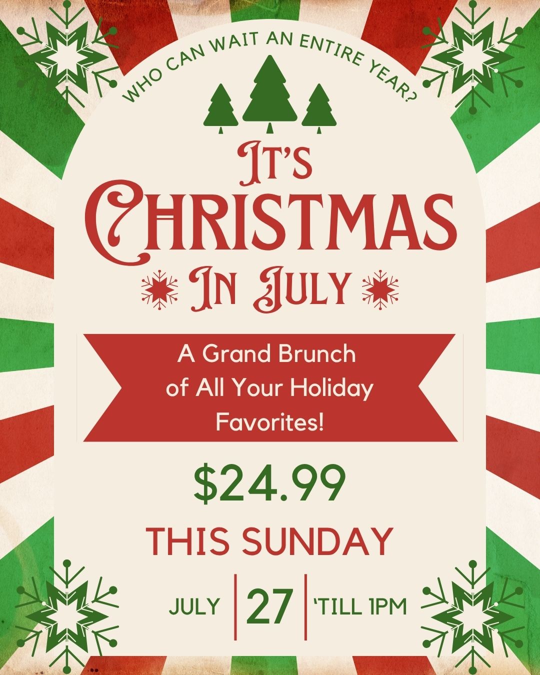 🎄Christmas in July? You bet your Sweet Potatoes it is! ☀️
Join us THIS SUNDAY for a jolly brunch twist you didn’t know you needed— Think cozy holiday flavors served with full summer vibes out on our Garden Patio!
🦃 Herb-Roasted Turkey
🍖Bourbon Brown Butter Ham
🍠 Sweet Potato Casserole
🥔Mashed Potatoes with Herb Gravy
🥬 Roasted Brussels Sprouts
🍳 Scrambled Eggs & Cheese
🥧 And yes—Pumpkin Pie for dessert!
All for $18.99, or $24.99 with our FULL GARDEN BAR!
Whether you’re here for the ham or just in it for the pie, this one’s for the festive foodies out there.
SUNDAY IS THE DAY – No Peaking!
#ChristmasInJuly #BrunchAtPorters #FarmingtonEats #HolidayFlavorsSummerStyle #PortersSmokehouseBrunch