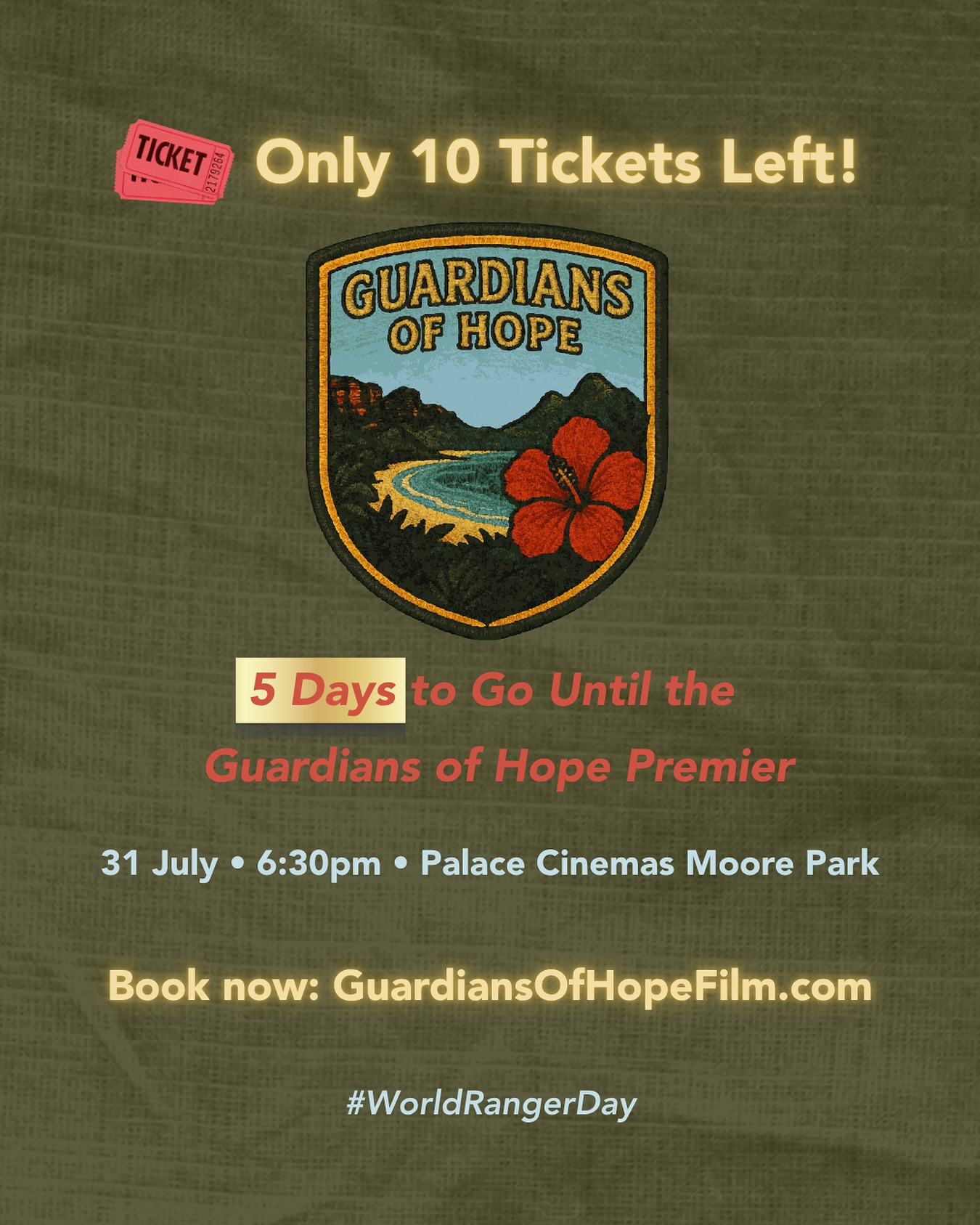 📣 5 Days to Go. Only 10 Tickets Left.
One unforgettable year. Eight countries. 158 ranger interviews. 1,610 km on foot.
Two years later, Guardians of Hope is finally ready to share their stories with the world.
🎟️ Just 10 seats left for the world premiere — this Wednesday 31 July, 6:30pm at Palace Cinemas Sydney.
Don’t miss your chance to walk the Thin Green Line with the rangers of Oceania.
👉 Book now at GuardiansOfHopeFilm.com
#GuardiansOfHopeFilm #WorldRangerDay #RangersOfOceania #WalkingTheThinGreenLine #hopeliveshere