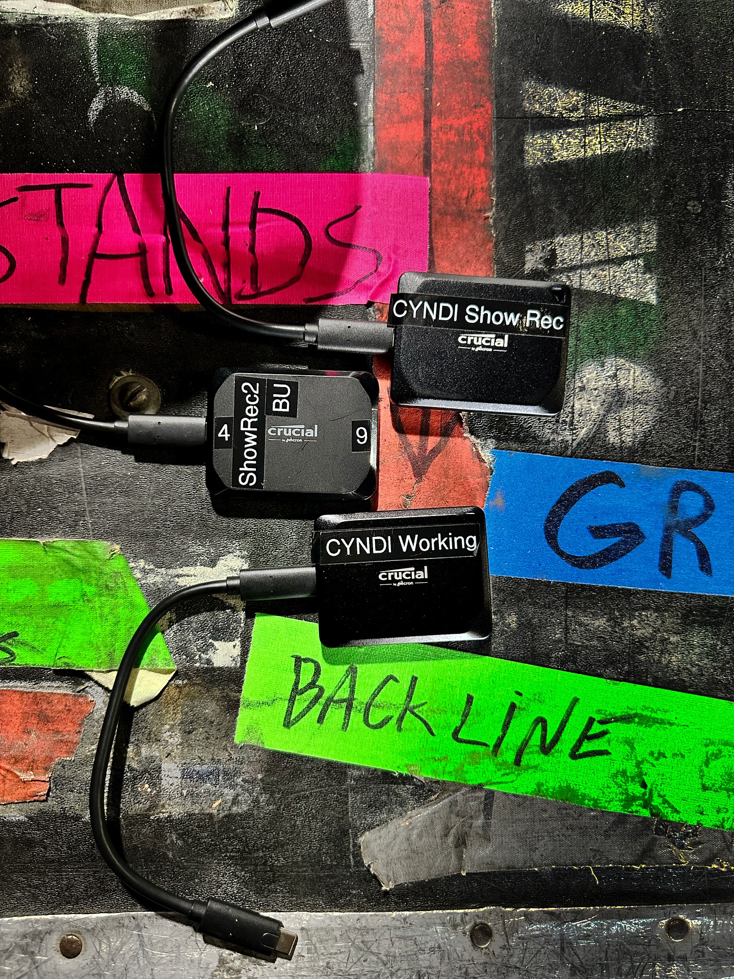 Tour file management rule #1: if it’s not backed up twice (or three times), it doesn’t exist. One for working, one for backup, one just in case the universe tests me. Staying organized on the road isn’t glamorous, but it saves future me from meltdowns. @crucial_memory ❤️❤️ Currently out with @cyndilauper