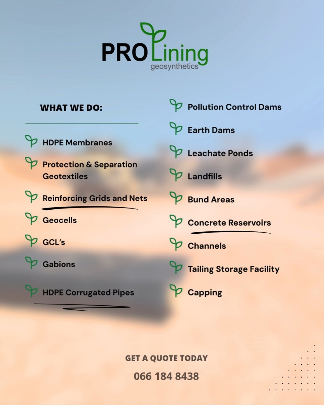 Behind every lined cell, reinforced slope, or containment pond is a team that understands whatโs at stake.
At PROLining Geosynthetics, we donโt just deliver geosynthetic materials โ we deliver certainty on site.
๐ No delays.
๐ No shortcuts.
๐ No room for guesswork.
From HDPE liners to full-scale containment systems, our ISO 9001:2015-certified processes ensure that whatโs buried stays buried โ and whatโs built stays strong.
This is geosynthetics done right.
By a team that gives a dam.
๐ทโโ๏ธ Local. Experienced. Ready.
๐ง info@prolining.co.za
๐ www.prolining.co.za
#WeGiveADam #Geosynthetics #HDPE #SiteWork #InfrastructureMatters #EngineeringSouthAfrica #WasteContainment #GroundStability #PROLining #ISO9001 #BuiltToPerform #CivilEngineering #SmartConstruction