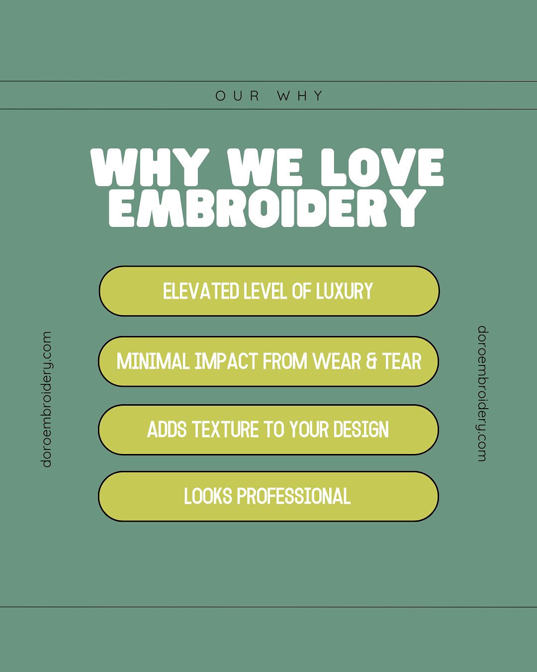 Our company was created out of our love of embroidered apparel. Here’s some reasons why we love embroidery over other design options like screen printing and vinyl ➡️
.
.
.
#shopsmall #shoplocal #embroidery #seattlesmallbusiness #embroideredapparel #customapparel #personalizedapparel #smallbizstory #ourwhy