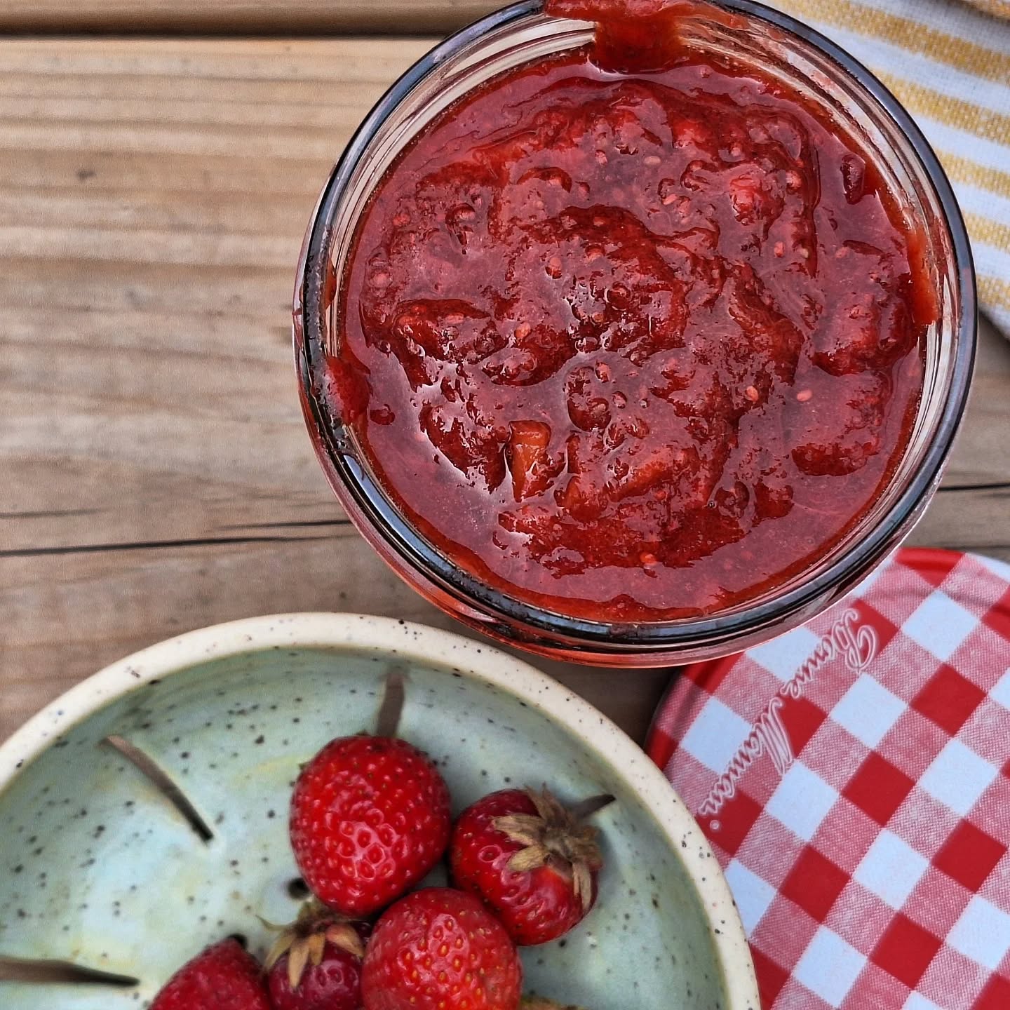 Strawberry-rhubarb chia seed jam for when strawberries are getting a little tired and the rhubarb is plentiful. I added lemon juice, a little maple syrup to sweeten it, and a dash of vanilla. This will be adorning my yogurt for the next few days!