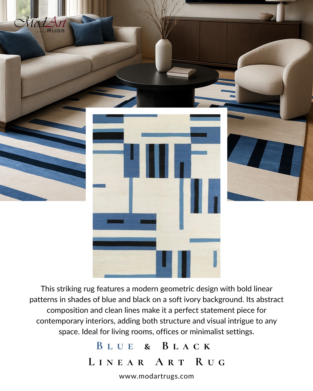 Add a bold touch to your space with our Blue & Black Linear Art Hand-Tufted Rug.
Crafted for modern interiors, this geometric masterpiece brings structure, contrast, and timeless style to any room.
📩 Contact us to get started on your custom order.
#modernrugs #handtuftedrugs #blueandblack #geometricrug #contemporaryinteriors #customrugs #lineartwork #rugdesign #interiordecor #luxuryrugs
{Luxury carpets in Dubai, Handwoven rugs, Custom-made carpets, Dubai interior trends, Traditional carpet craftsmanship, Premium floor coverings, Carpet design inspiration, Made-to-order rugs, Bespoke home decor Dubai, Home decor}