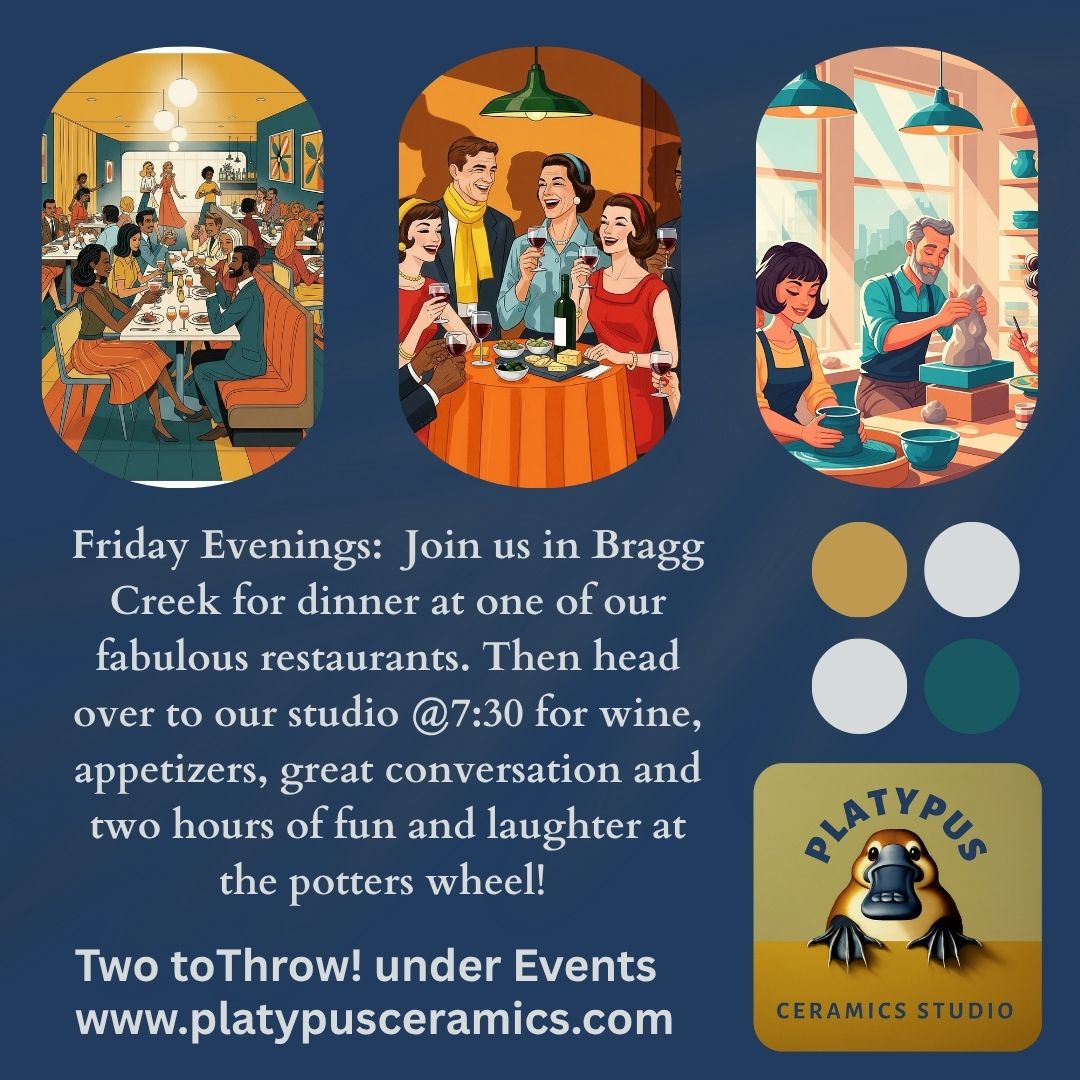 Get ready for the ultimate date night (or friends' night out!) because Two to Throw: A Pottery Date Night at Platypus Ceramics Studio is here! 🎉. .
Imagine this: You and your favorite person (or people!) enjoying a romantic dinner at one of Bragg Creek's fabulous restaurants – because, let's be real, our little hamlet has some incredible culinary gems! 🥂@braggskornerkitchen @creekersbistro @handle_bar_livingroom @mountainbistropizzeria @powderhornsaloon @rockiestaverngrill @thebavtav @theitalianfarmhouse @vonessenbar @visit_bragg_creek Then, head on over to Platypus Ceramics for an evening of creative fun.
But wait, it's not just for couples! This is the perfect excuse for a girls' night out, a unique birthday celebration, or even a special mother-daughter bonding experience. We'll kick things off with wine, appetizers, and great conversations to get those creative juices flowing before we dive into the wonderful world of mud throwing! .
Prepare for an evening packed with laughter, excitement, and a fantastic sense of accomplishment as you mold and create. You'll be amazed at what you can make. .
Sound like your kind of night? Tag your pottery partner (or partners!) below and let us know who you'd bring! 👇 . If you have been to one of our Two to Throw nights, let others know of your experience :) www.platypusceramics.com #yycdatenight #braggcreek #calgaryceramics #yycpottery #calgary