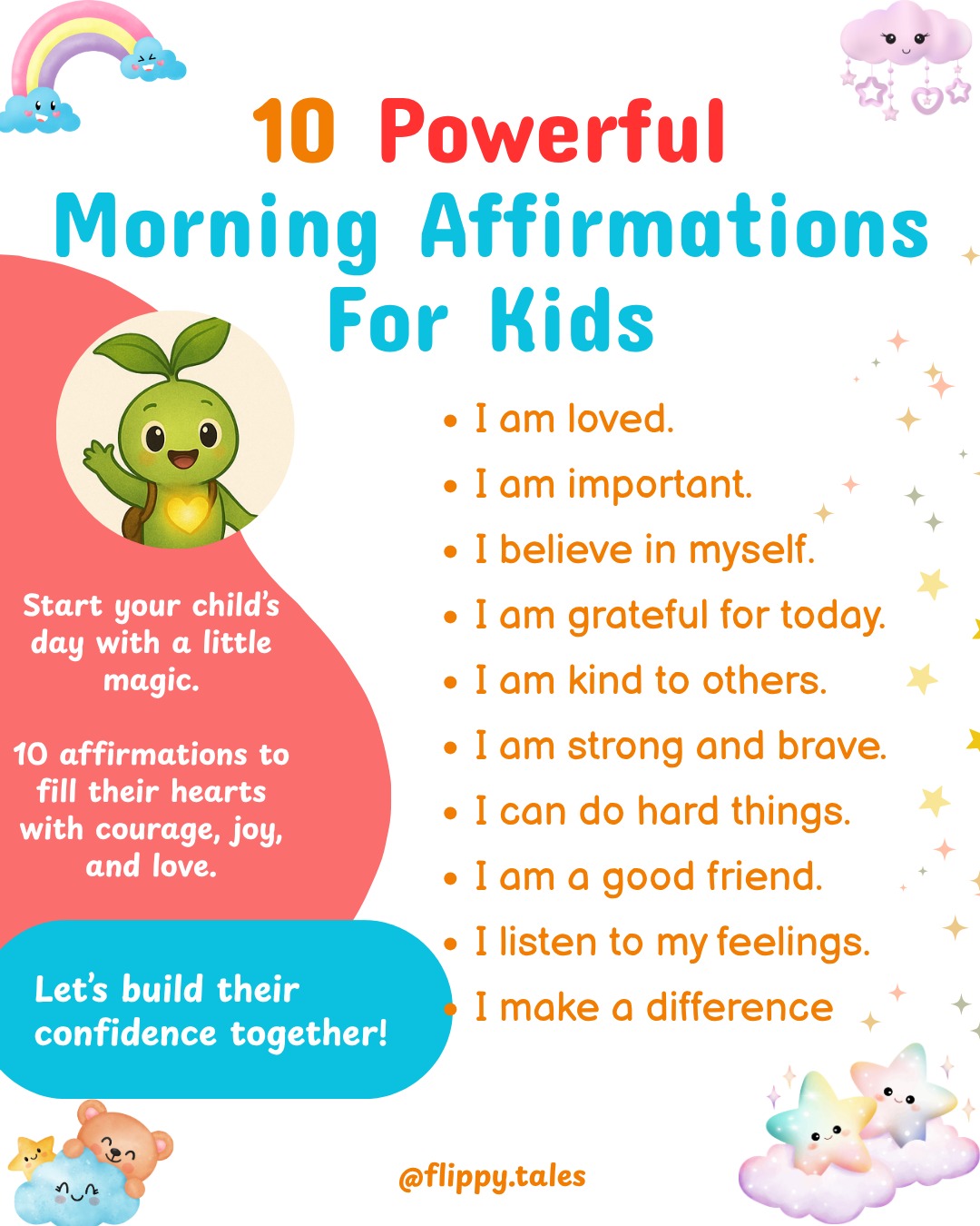 Mornings shape a child’s entire day. Fill their hearts with courage, joy, and self-belief with these 10 magical affirmations. A little reminder each morning can make them feel loved, confident, and unstoppable. Share this with parents who want to start their child’s day with positivity and watch their little ones shine.
Follow @flippy.tales for more magical tools to help kids grow with confidence and joy.
#MorningAffirmations #KidsAffirmations #PositiveParenting #MindfulParenting #FlippyTales #KidsConfidence #ParentingTips #MindfulnessForKids #RaisingHappyKids #PositiveVibesForKids #ConsciousParenting #AffirmationsForKids #KidsGrowth #ParentingCommunity #forkids #mindfulkids #happykids #positivekids #kidstraining #ParentingWithHeart #parentinghack #raisingconfidentkids #globalmoms #momdad #parentingmadeeasy