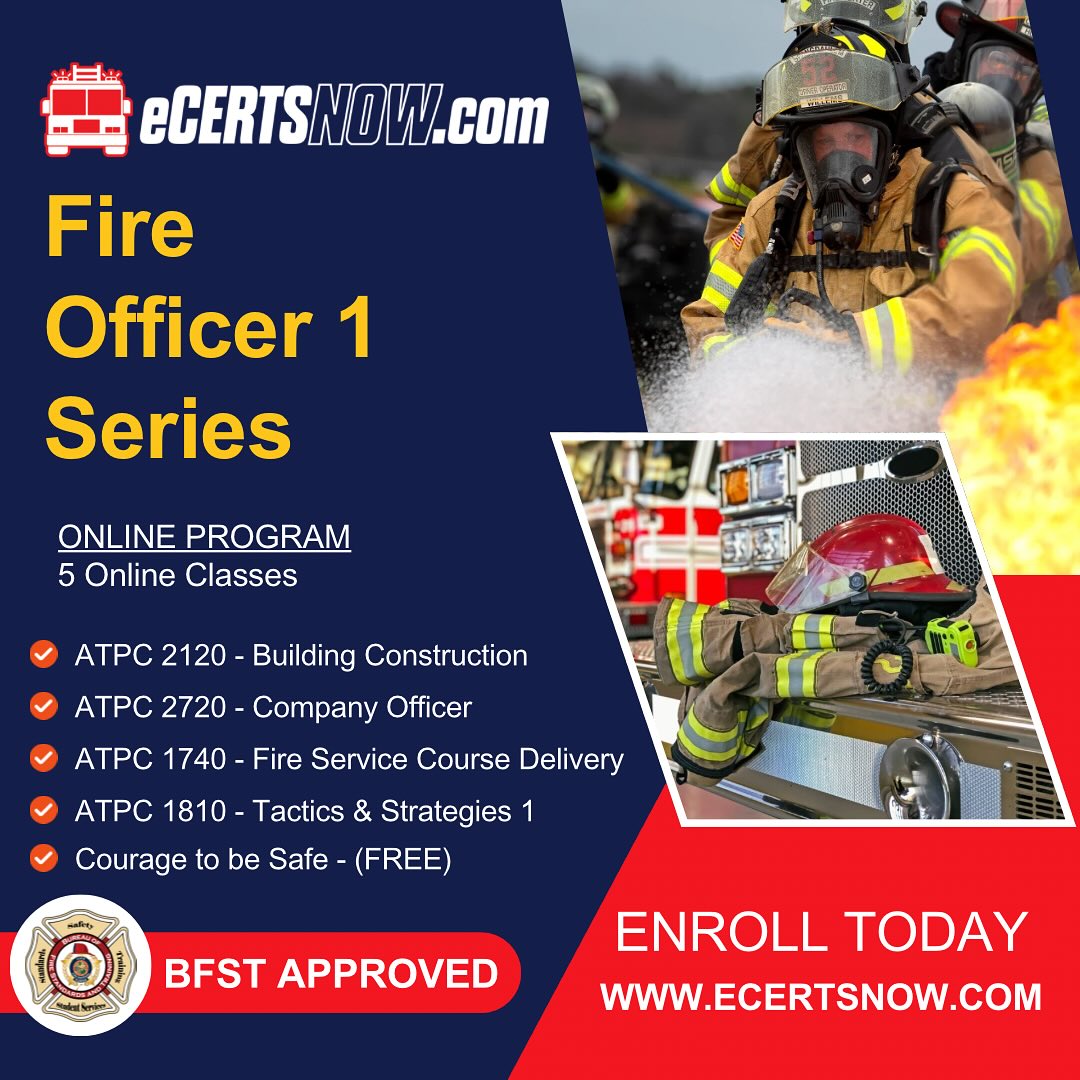 Fire Officer 1 Series. 5 Online classes to complete at your own pace. Level up and make sure you’re ready for your upcoming promotion! 🔥 🚒 🧑🚒