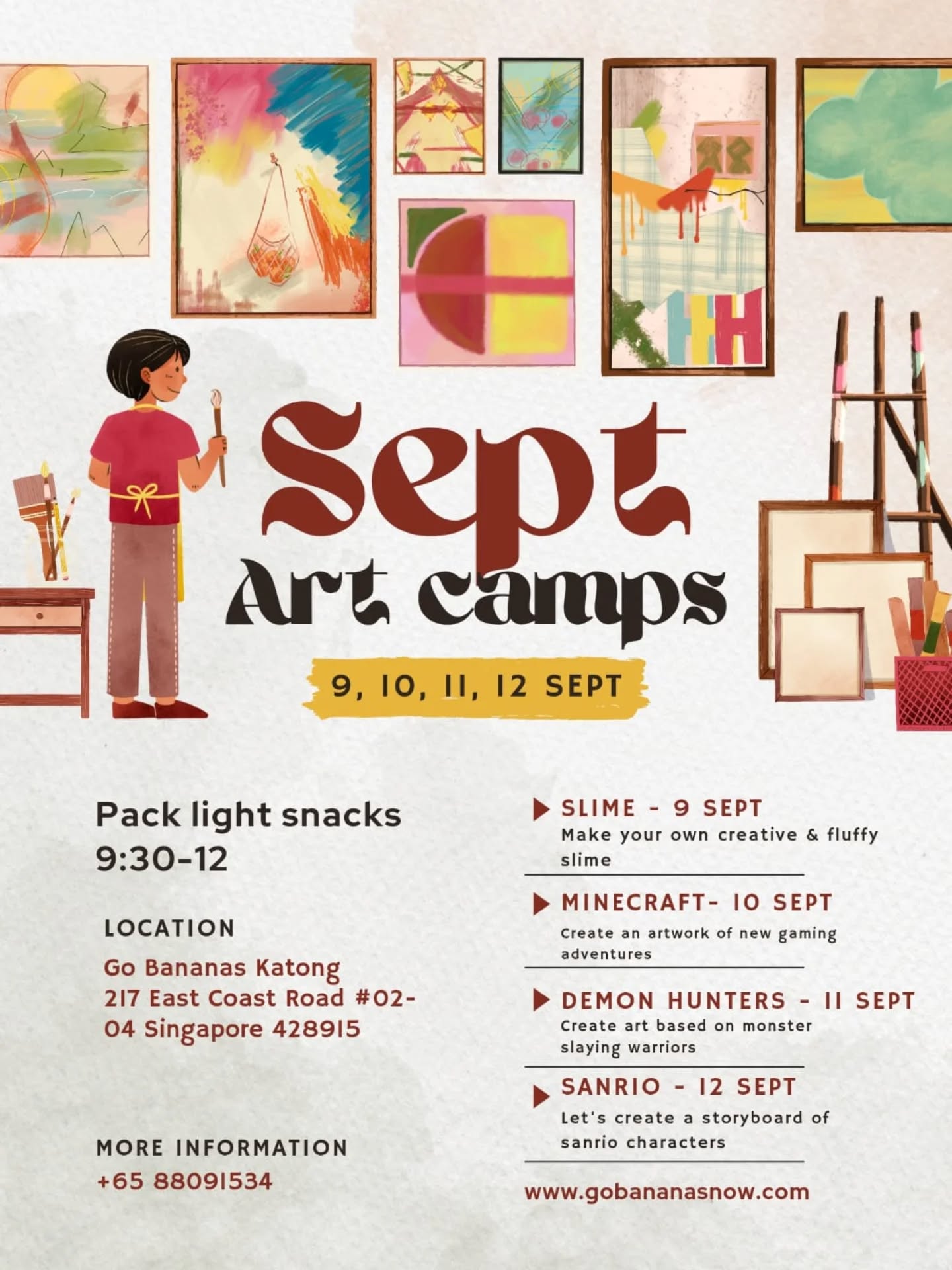 Go Bananas Sept camps are up for booking! Do dm us if you're looking for activities
#september #camps #photooftheday #instalike #instaphoto #september #schoolholidaycamps #fun #artclassofun #artandcraft #weloveartcamps
