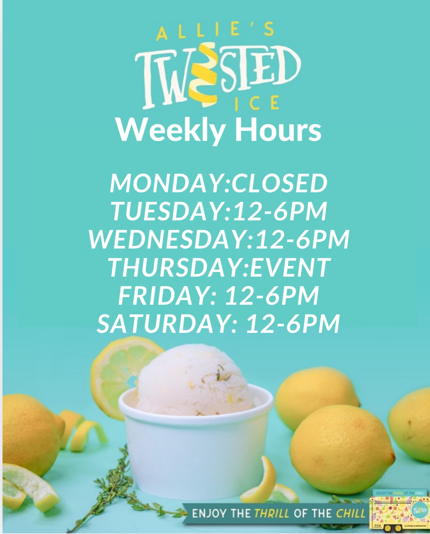 Our hours for the last week of the season!!!! End your summer on a sweet note and have some Twisted Ice with us ๐ง๐จ๐