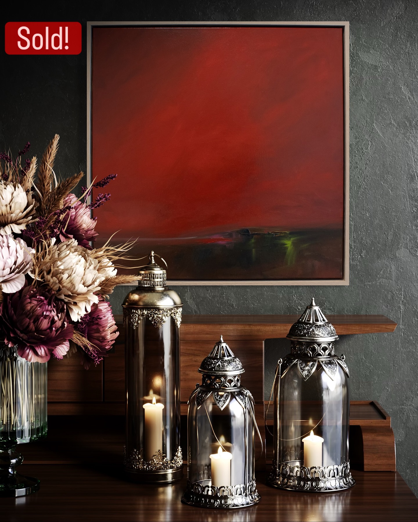 🔴 Sold! I’m so happy that ‘Red wine, all mine’ has found its forever home ❤️ Thank you to my lovely friend who fell in love with it and felt an instant connection.
This painting is really special to me. It took a few iterations to land where it needed to be, and when I felt it ‘click’ it was such a brilliant feeling. I love the boldness of the red, the delicacy of the distant horizon, and the zing of green.
Even better, it’s going to live in a good home filled with woofers 😁👍🐾🐾.