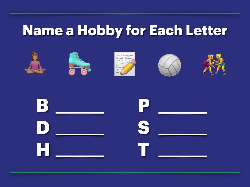 Daily warmup! Can you name a hobby for every letter?
#learnenglish #englishtutor #vocabulary #ielts #study