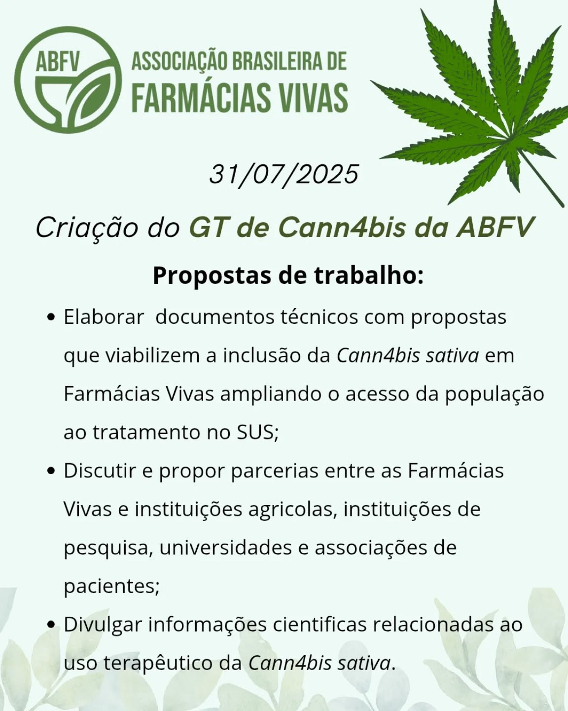 🍃A Associação Brasileira de Farmácias Vivas entende que a Farmácia Viva é uma importante via de acesso dos pacientes ao tratamento com os produtos de Cann4bis no SUS.
Hoje, infelizmente, muitos que necessitam do medicamento, não conseguem por impossibilidade financeira.
No intuito de elaborar propostas que viabilizem a chegada da planta nas Farmácias Vivas, foi criado o Grupo de Trabalho, constituído por profissionais de altíssima competência na área.
Agradecemos a disponibilidade de todos!🙏🙏
#farmaciasvivas #cannabismedicinal #fitoterapia #plantamedicinal