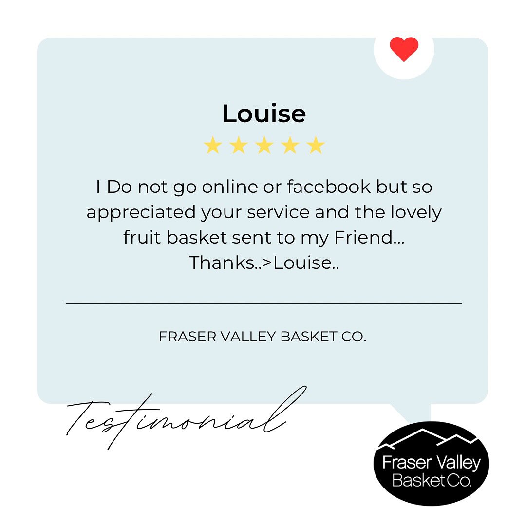 We love hearing from happy customers, even those who don’t normally go online!
Thank you, Louise, for your kind words.
Helping you share a little joy means so much to us 😊
#fraservalleybasketco #supportlocalbc #giftbasketscanada #fruitbasketdelivery #shopabbotsford #locallove #gratitude