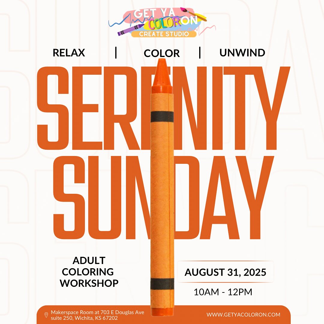 We are happy to announce that Serenity Sundays are BACK! Join us this month August 31st at @learninglabwichita for a fun, relaxing mindful coloring session- geared to help you unwind, relax and @getyacoloron ! Seats are limited, reserve your spot at www.GetYaColoron.com