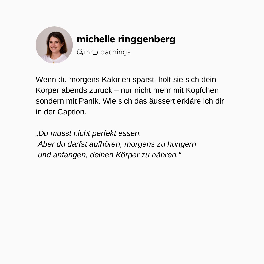 Du hast abends ständig Heisshunger obwohl du „eh schon wenig isst“?
➡️ Dann ist dieser Post für dich.
Was viele Frauen nicht wissen:
Heisshunger am Abend beginnt beim Frühstück.
Warum?
Morgens steigt dein Cortisol – ein natürlicher Vorgang um auf Trapp zu kommen.
Das Problem: Wenn du nichts oder zu wenig isst, wird dieser normale Anstieg zu einem Stresssignal. Cortisol bleibt hoch anstatt langsam abzusinken.
Dein Körper denkt sich:
🧠 „Ich soll funktionieren, aber hab keine Energie --> Notfall!“
Die Folge:
Cortisol bleibt unnötig hoch
Blutzucker sinkt ab
Abends folgt der Rückschlag → Heisshunger, emotionales Essen.
Dein Hormonhaushalt (Leptin, Ghrelin, Insulin) gerät ins Wanken
Gewicht halten? Fast unmöglich.
Abnehmen? weiterhin nur ein Traum.
💡 Lösung:
Ein nährstoffreiches Frühstück versorgt deinen Körper, reguliert deinen Hormonhaushalt – und beugt Heisshunger zuverlässig vor. Das Frühstück signalisiert Sicherheit auf allen Ebenen.
🍽️ 3 Frühstücke, die dein System wirklich unterstützen:
🥣 Protein-Porridge mit Nussmus & Beeren
→ Komplexe Kohlenhydrate + Eiweiss + B-Vitamine → Nerven & Fokus
🍳 Eier mit Süsskartoffel-Wedges, Avocado & Sauerkraut
→ Zink, Eisen, gesunde Fette, Ballaststoffe → für Hormone & Darm
🥑 Hüttenkäse-Creme mit Hummus, Tomaten & Hanfsamen auf Dinkelbrot
→ Omega-3, Calcium, Eiweiss → gegen PMS & für deine Power
✨ Reminder:
Du musst nicht perfekt essen.
Aber du darfst aufhören, morgens zu hungern –
und anfangen, deinen Körper zu nähren.
➡️ Bei mir lernst du, wie dein Körper wirklich funktioniert – und wie du ihn ohne Diät-Zwang in Balance bringst. Also folge mir und teile den Beitrag fleissig.
#nährstoffreichessen #mrcacademy #coachfürfrauen #hormonbalance #zyklusgerechtessen #intuitivessen #breakfastfuel #frauenwissen #heisshungerstoppen #frauenkörperverstehen #energieessen #gesundohnekampf #körperwahrnehmung #neuegesundheit #frauenpower