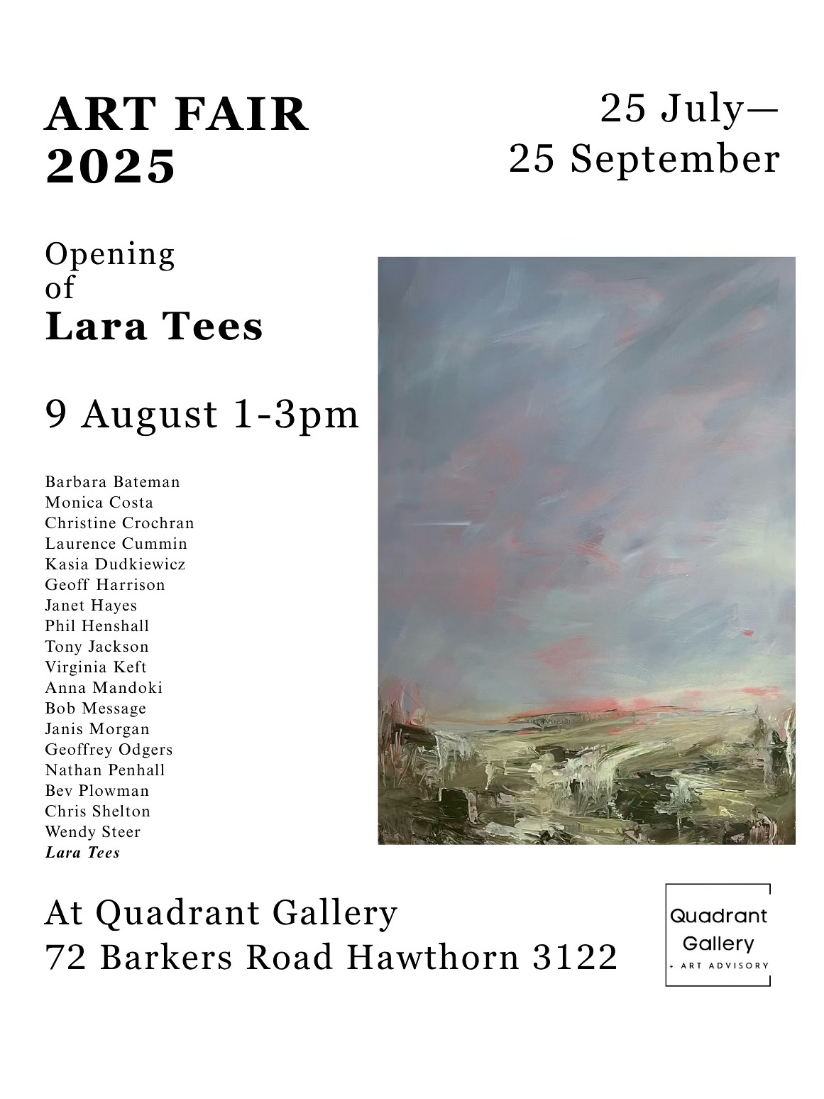 I’m proud to be returning as part of the @quadrantgallerymelbourne 2025 Art Fair.
Back for its second year, the Fair is showcasing 19 artists on rotation through to 25 September.
My opening event is this Saturday 9 Aug from 1-3pm and I’d love to see you in the gallery if you can make it!🥂
I have 6 paintings available, including my largest works to date and I can’t wait to share them with you 😊
The featured image above is titled ‘Blur’. Blur draws on my experience of hazy memories, my fading sense of people and places that can no longer be remembered clearly.
Acrylic on stretched canvas, approx 100cm H x 75cm W, natural oak frame. $1650