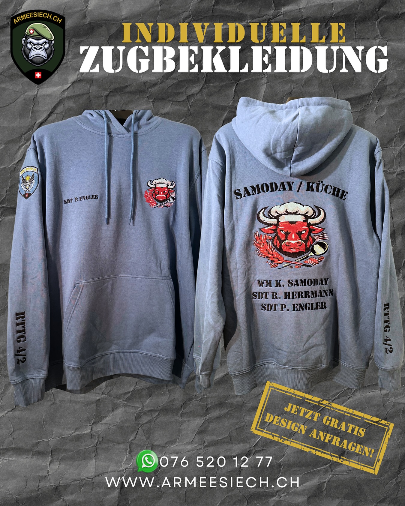 🎯 ZUGBEKLEIDUNG MIT STIL & STOLZ!
Mach deine RS unvergesslich – mit individuell gestalteten Hoodies für deinen Zug! 💪🔥
gratis Design inklusive!
🧥 Personalisierte Namen
🦍 Euer Abzeichen oder Wappen
🔥 Starkes Design, hochwertige Qualität
📲 Jetzt gratis Design anfragen:
📞 076 520 12 77
🌐 www.armeesiech.ch
#armee #rekrutenschule #zugbekleidung #armeesiech #rs2025 #schweizerarmee #militärstyle #militärmode #kamaradschaft #rsleben #rsdrip #rsfit #rsmerch #militarhoodie #zughoodie #schweiz