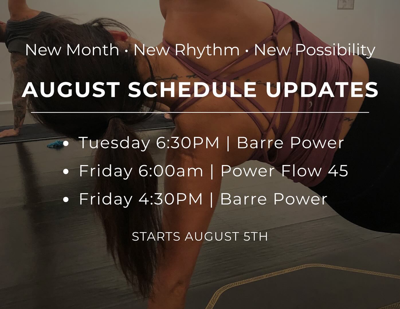 New Month • New Rhythm • New Possibility
As we move through the final stretch of summer, we’re tuning in and making a few intentional shifts to support your practice and your life.
We’ve been listening closely—to your feedback, your energy, and your attendance—and making mindful changes to keep things flowing in the right direction.
Here’s what’s new for August at RedTail:
✨Early Risers, Reimagined
Our 6:00AM Monday class will now be offered Fridays at 6:00AM. You’ve told us Mondays are tough—and we get it. Let’s end the week strong instead.
✨Barre Energy, Evening Vibes
We’re introducing Barre Power on Tuesdays at 6:30PM—another chance to reset and sculpt mid-week. If you haven’t tried it yet, now’s the time.
✨Shift Into Weekend Mode
Our Friday evening class is moving earlier—to 4:30PM, and it’s Barre Power. Come move before your evening plans begin.
These changes start August 5th and are all part of helping you finish summer feeling strong, centered, and supported.
As always, we’re here to evolve with you.💫