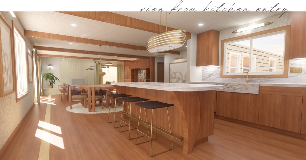 Refining revisions for this mid-century project. Fin-inspired corbel/legs on the island, and surfboard stringer inspired inlay detail around the perimeter of the floor. 🌊🏄♂️
#surfboardinspired
#midcenturymodern
#rhodeislanddesigner
#riinteriordesigner