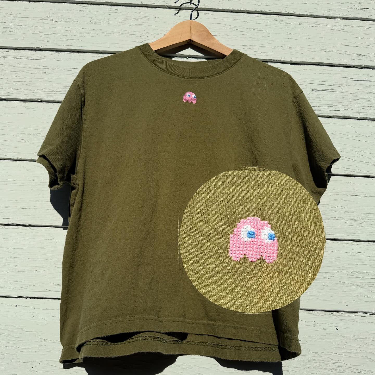 pink pacman ghost! 👻 size M, $35 + shipping! #crossstitch #crossstitchcrazy #crossstitching #fiberartist #embroidery #embroidelicious #needleart #crossstitchlove