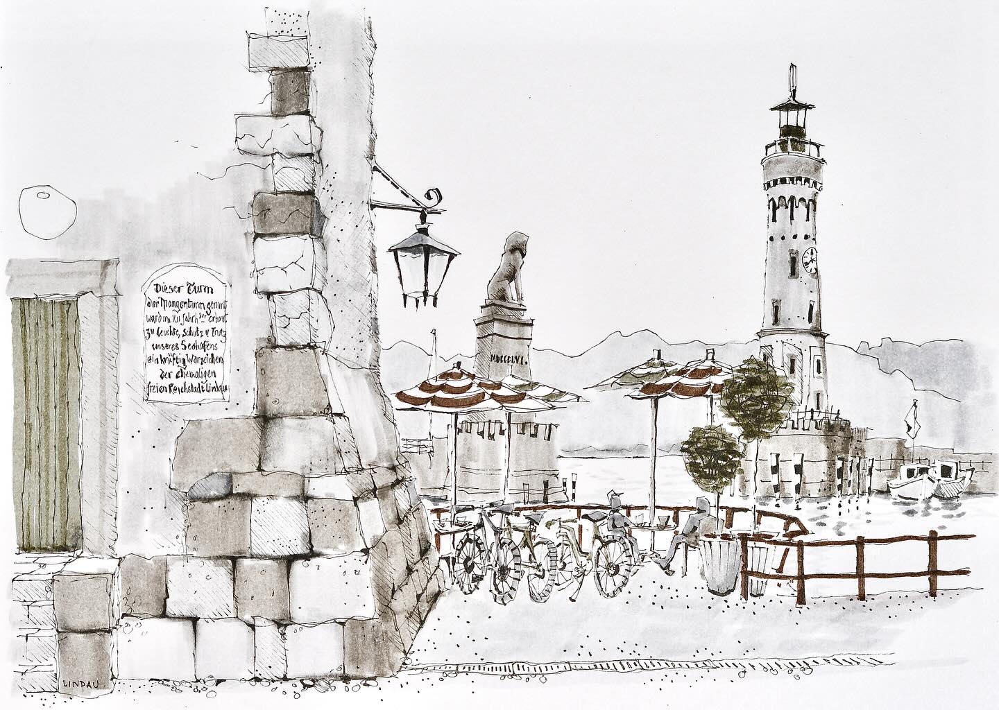 Bildschones Bayern: this is a quick sketch from my recent visit to Lindau, on the shores of the Bodensee, with a view from the corner of the old tower towards the lighthouse and the Lion of St Mark guarding the entrance to the harbour.
.
#art #artistonfacebook #artist #artwork #drawing #draw #Germany #deutschland #Bayern #Bavaria #Bodensee #Lindau #artistsoninstagram #drawing #urbansketching #urbansketch #urbansketchers #kunst #oxfordshireartweeks #artist #watercolor #watercolour #watercolorpainting #penandink #penandinkdrawing #sketching #global_sketchers #urbansketchcourse #draw #sketch #artweeks