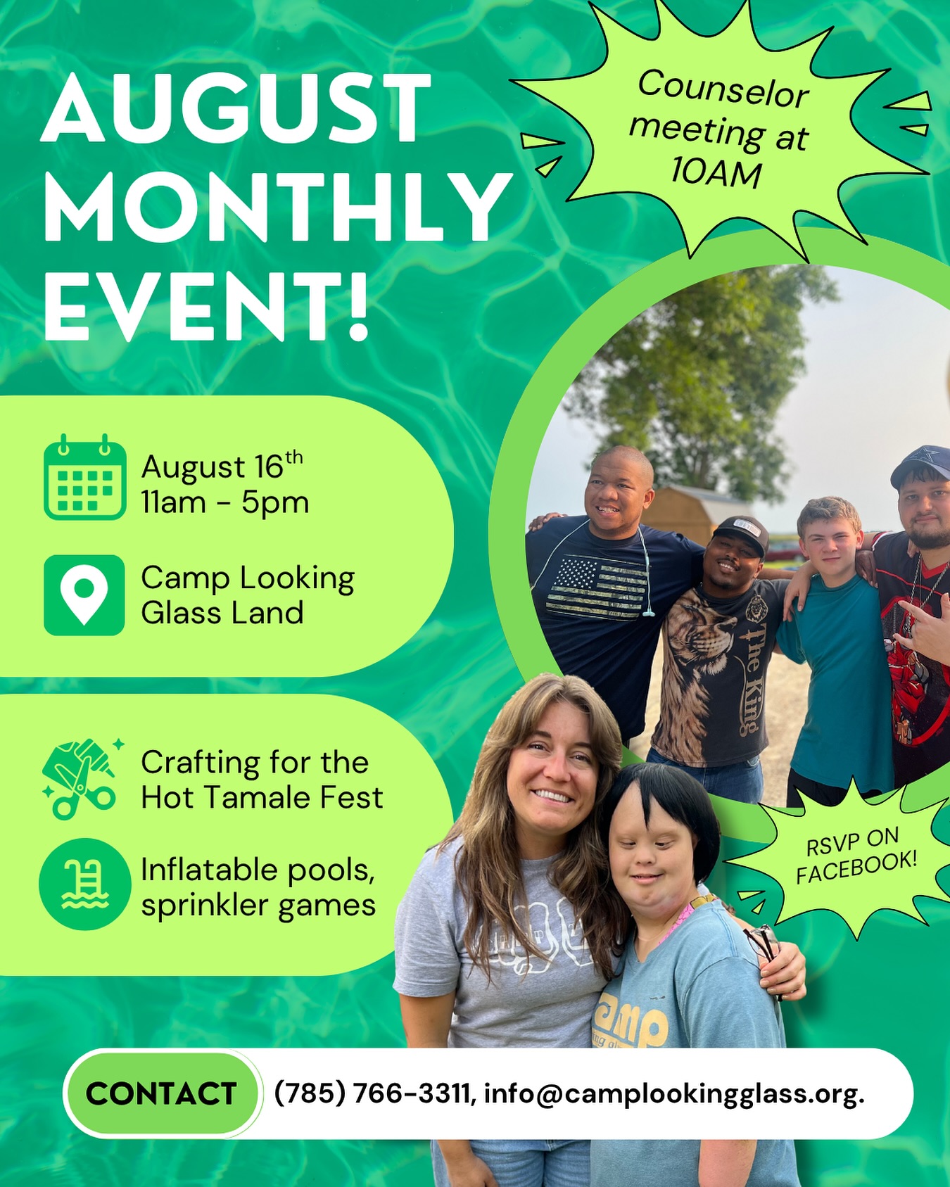 After a long summer apart, it’s time to reunite with a special day of food, fun, and friendship!
Join us on Saturday, August 16, 2025 at the CLG land for our first event back to camp!!!
Drop off: 11am
Pick up: 5pm
Counselor meeting: 10am
Counselor dismissal: 5:30pm
We will kick off the day creating art work for the Hot Tamale Festival and finish the day cooling off in the pool and enjoying some sprinkler fun.
What to Bring:
🩱Swimsuit or swim trunks
😀 Big camp smiles!
RSVP by Thursday, August 14 at 5:00 p.m. Late RSVP’s will not be accepted.
Text or call Jenny at 785-766-3311 if you plan to join the fun! ☀️⛱️🌊😎