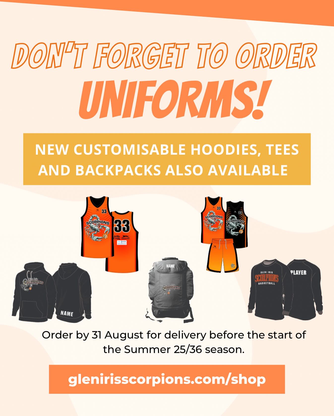 UNIFORM ORDERS - please order by the 31 August for delivery before the summer season. We also have new customisable hoodies, tees and backpacks available to order online so get yours today! >> glenirisscorpions.com/shop