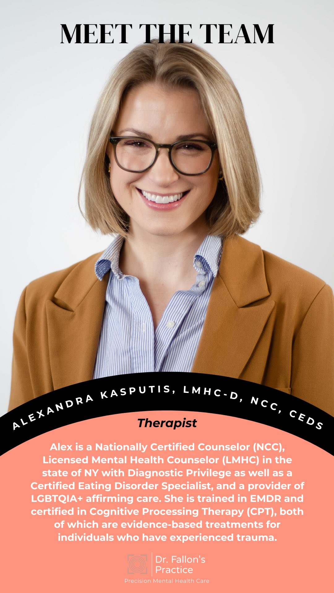 Meet Alex Kasputis, LMHC-D, NCC, CEDS—clinical supervisor and champion of compassion-focused care for trauma and eating-disorder recovery. Alex challenges the myth that eating disorders have a single “look” (fewer than 6% of people who struggle are underweight) and guides clients to focus on their thoughts, stress, and daily behaviors. Care for this moment, and you’re already caring for your future self.
#MeetTheTeam #EatingDisorderAwareness #TraumaInformedCare #CompassionFocusedTherapy #DrFallonsPractice