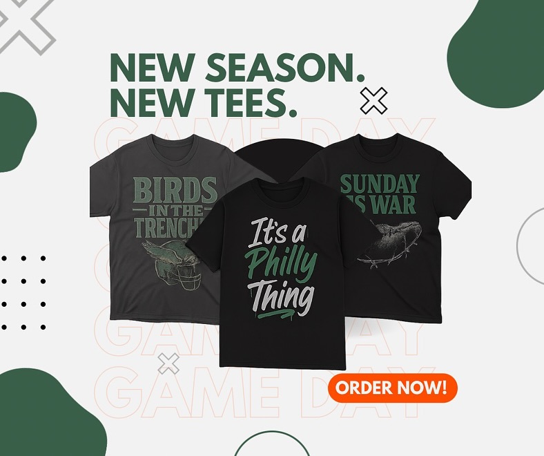 🚨 PHILLY FOOTBALL TEES DROP 🚨
3 new game-day designs for the season.
💥 Special Launch Challenge: The first 10 People to order ANY tee using code FREEEAGLES at checkout gets it FREE. 🆓
Hit the link in bio for a free shirt!
🦅💚
#PhillyFootball #FlyEaglesFly #PhillyTees #GameDayGear #BirdGang #PhiladelphiaEagles #PhillyStyle #TailgateReady