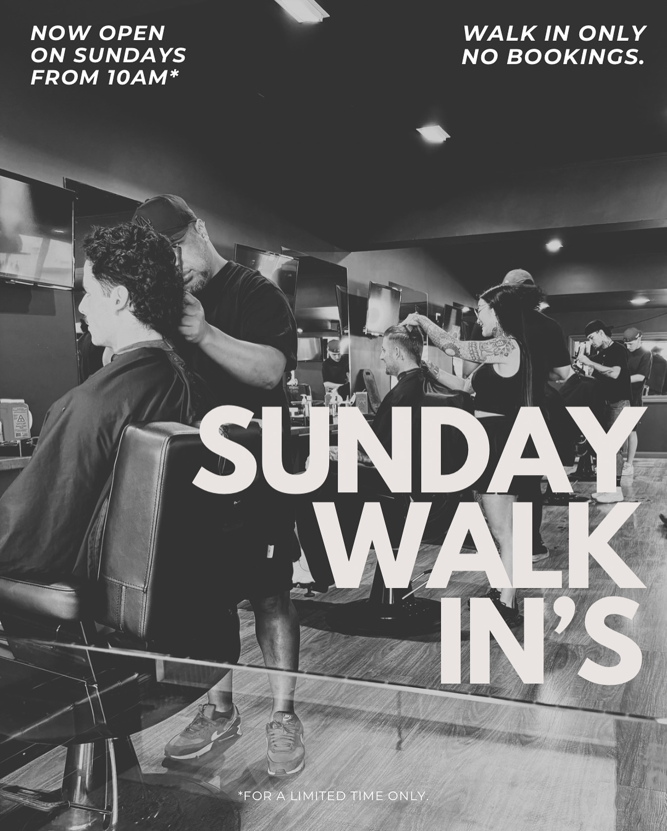 Sundayâs just got better! We're throwing open our doors for a limited time!
⢠WALK-INâS ONLY
⢠OPEN FROM 10AM
⢠NO BOOKINGS
Drop by, grab a cold one on us, and chill till itâs your turn!