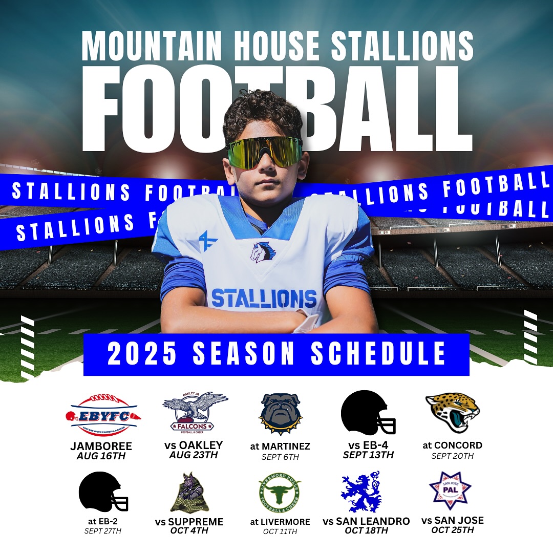 🏈🎉 It’s Official! The 2025 Season Schedule is HERE! 🎉📣
Get ready, Mountain House — the Stallions are back and stronger than ever! 🐎🔥
From first kickoff to the final whistle, this season is going to be full of heart, hustle, and unforgettable moments.
📅 Mark your calendars, Stallion Nation!
Whether you’re cheering from the stands or suiting up on the field, every game is a chance to show our pride, power, and passion! 💪💙
🙌 Football. Family. Tradition.
Let’s pack the stands, support our young athletes, and make 2025 a season to remember! 💥
#MHStallions #StallionStrong #YouthFootball #CheerPride #2025SeasonReady #OneTeamOneDream 🏈📣🐎