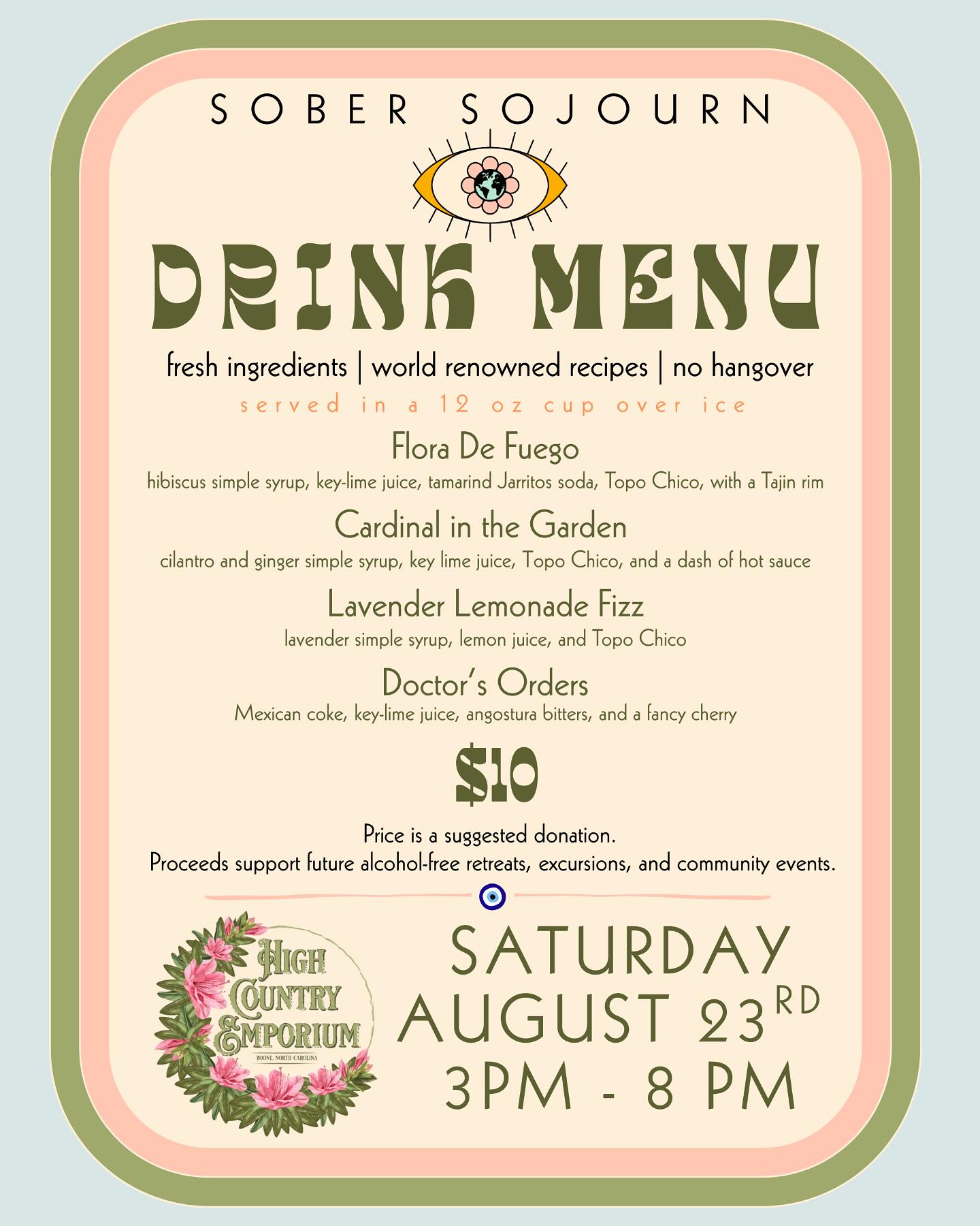 Saturday 3pm-8pm! 🌸✨🌞 I’ll be slinging fresh hand crafted non-alcoholic drinks for y’all at High Country Emporium’s 1 year anniversary party! @highcountryemporium
We are so stoked to be a part of the celebration 🪩🍀🌈
🧿 We are a 501(c)(3) organization. We are not associated with any recovery group or religious organization. Our excursions and events are a safe place for LGBTQ+, non-binary folks, women, and our allies.