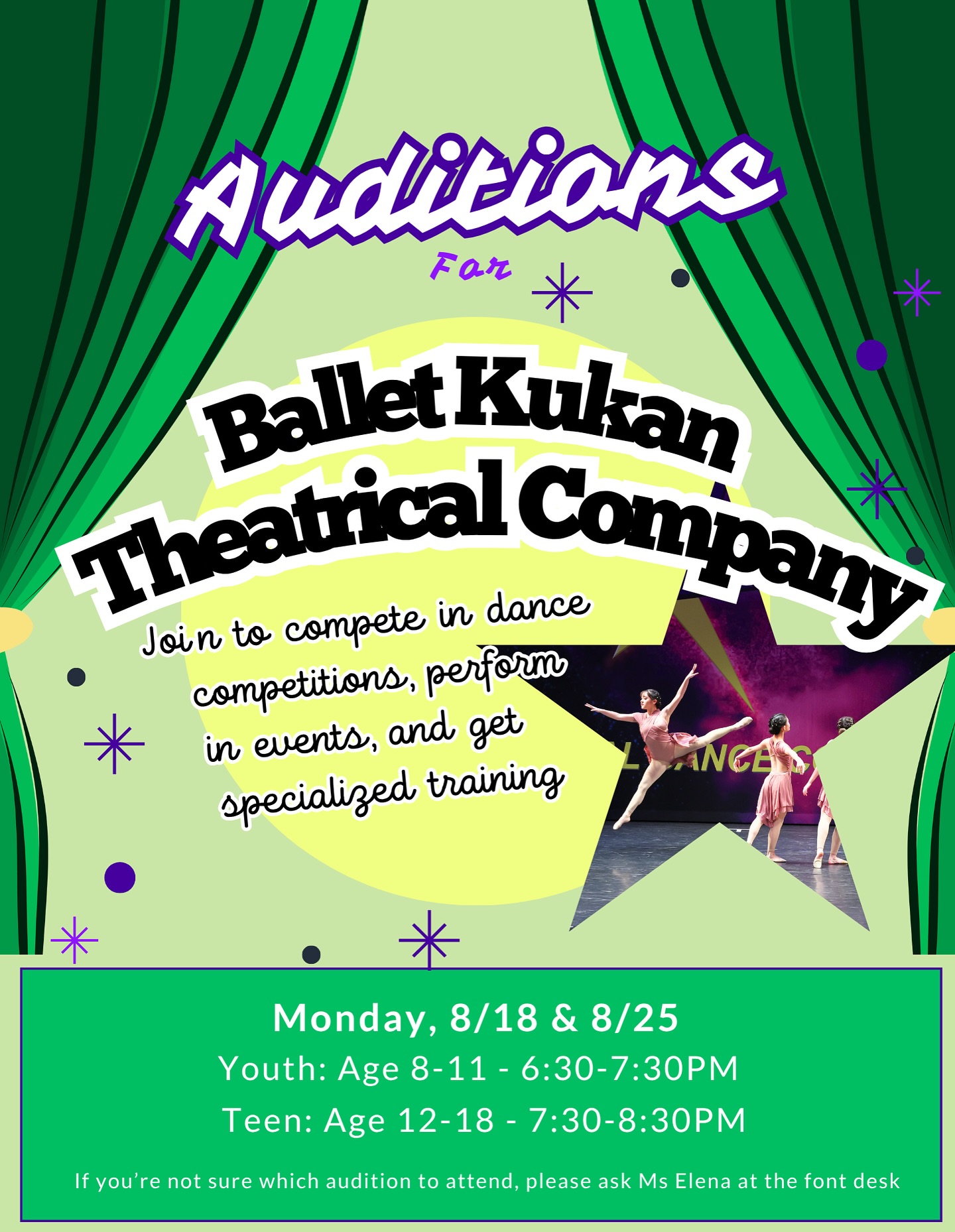 ✨ It’s time! BKTC auditions are here 💚Join us for a new season of dance, fun, and performance. First round of auditions are today! We hope to see you there!
*Auditions for 8/18 will be deferred until the 25th*
#MonroviaDanceStudio #DanceAuditions #MonroviaDance #BalletKukan #SoCalDance