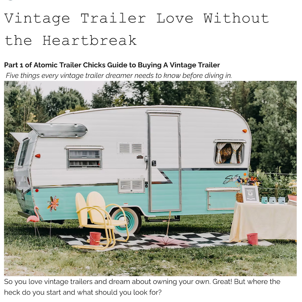 Check out Part 1 of our new blog series on Buying a Vintage Trailer on a Budget. Learn the 5 things every trailer dreamer needs to know before diving in. Link in bio.✨
https://www.atomictrailerchicks.com/post/vintage-trailers-for-newbies-part-1-before-you-shop
#vintagetrailershopping #vintagetrailer #vintagetrailerrestoration #retroglamping #traileraddict #traveltrailer #tincantourist