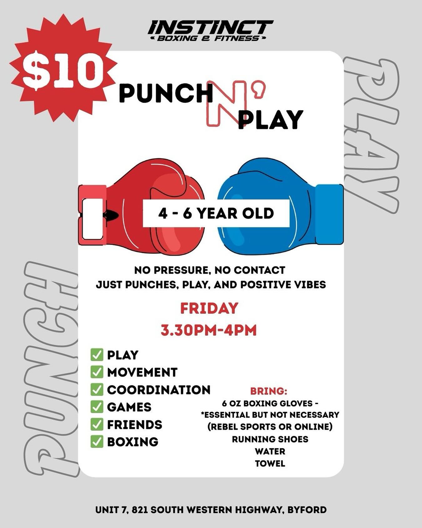 You asked, and we delivered! 🥊
Introducing our new kids class: Punch N’ Play — a fun and active session designed for children aged 4–6 years.
🗓 Fridays — Starting NEXT FRIDAY, 29th August
🕞 3:30 PM – 4:00 PM
💰 $10 per child — cash only (pay per session)
Punch N’ Play is a play-based class with a gentle introduction to the basics of boxing — perfect for little ones to burn energy, build confidence, and have fun!
👥 Limited spots — max 15 per class
📲 Booking is essential. Book using the link below:
🔗 https://www.instinctboxingandfitness.com/service-page/punch-n-play?referral=service_list_widget
We can’t wait to see your little champs in action! 🧡🥊
