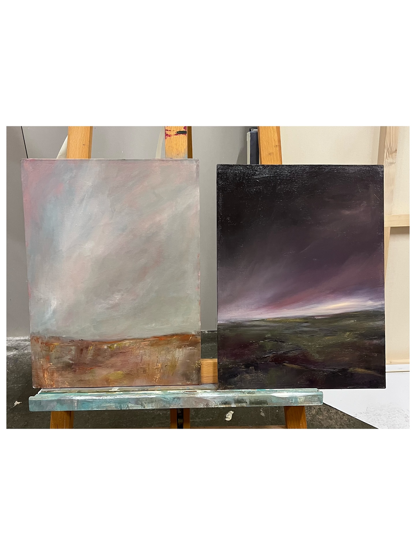 Some paintings from the studio this weekend. I’m working over some older acrylic pieces on canvas boards and giving them new life with oils. These were started in 2024 and I’ve included some ‘before’ photos.
I find revisiting older work a great way to understand how my approach has changed over time, and how my relationship with colour shifts depending on my mood and what’s happening in my life at different times.