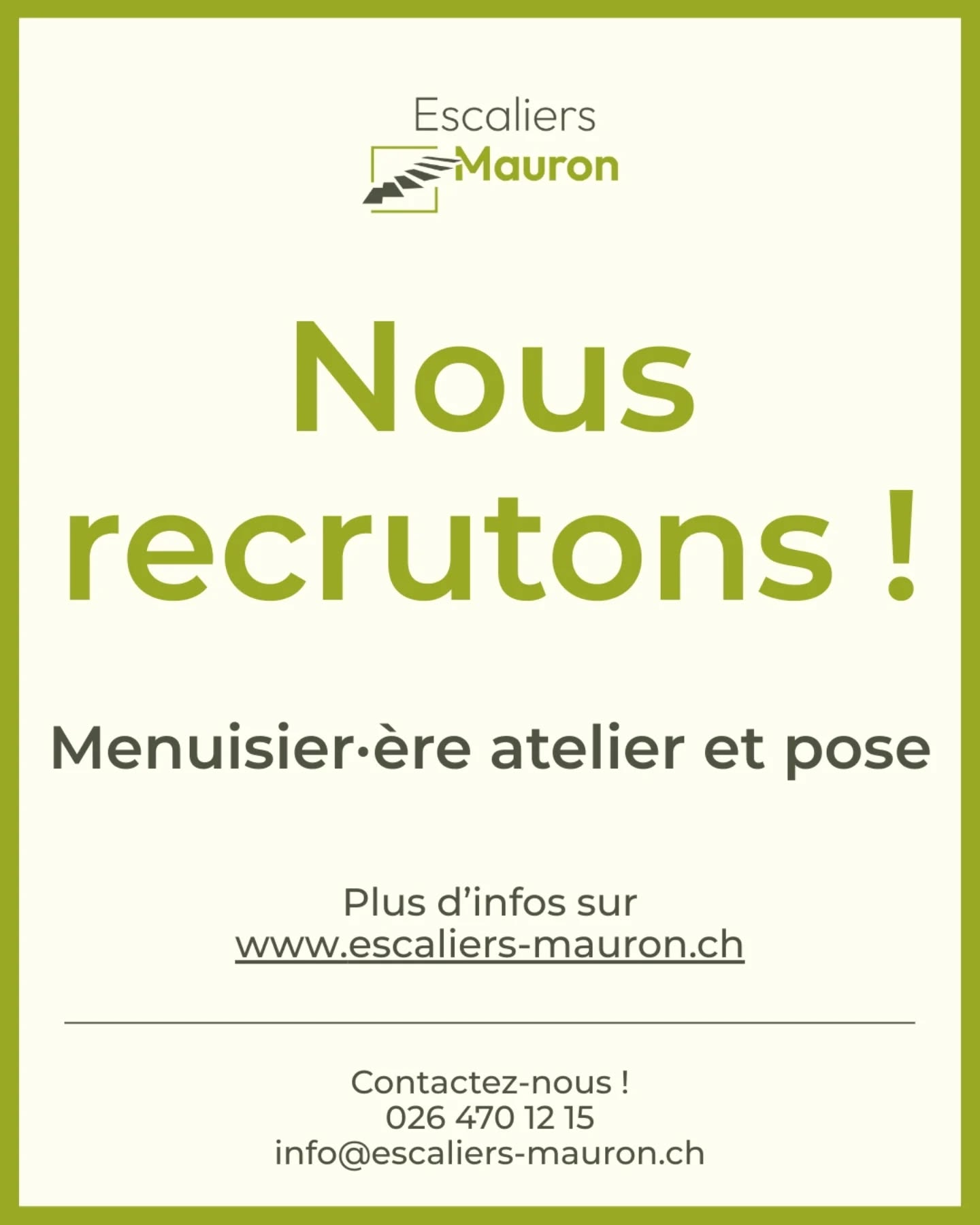 🔨 Nous recrutons ! 🎯
Afin de compléter notre équipe, nous engageons dès maintenant ou à convenir un•e menuisier•ère.
👉🏼 Toutes les infos sur www.escaliers-mauron.ch
Parlez-en autour de vous ! 📣