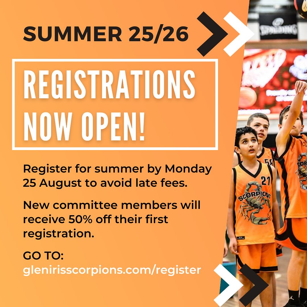 Donβt forget to register by next Monday 25 August! Late fees will apply after this date.
We welcome any parents who would like to support the club and ensure our future to join our committee. New members will receive 50% off their first registration fee, and then 100% in following seasons. We appreciate all our committee members and would not be able to run our wonderful club without them.
Summer season starts the first week of term 4 (Tuesday night games 7 October, Saturday games 11 October, Sunday games 12 October). Sting sting Scorpions! π¦
https://www.glenirisscorpions.com/register