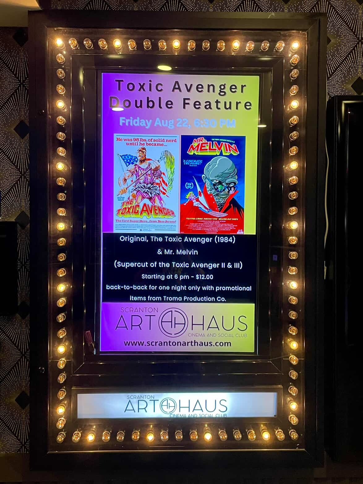 🎬 The Scranton Art Haus is ready!!! Are YOU ready??? 🧪💥
One night only — The Toxic Avenger (1984) + Mr. Melvin supercut!
📅 Friday, August 22, 2025
⏰ 6:00 PM (Doors at 5:30 PM)
📍 Art Haus, 301 Lackawanna Ave, Scranton, PA
🎟️ Tickets: $12 – Limited Seating!
Don’t miss mutant mayhem on the big screen. 🍿🧼
#ToxicAvenger #MrMelvin #TromaInScranton #ScrantonFilms #ArtHausScranton #CultCinema #ScrantonEvents
@scrantonarthaus