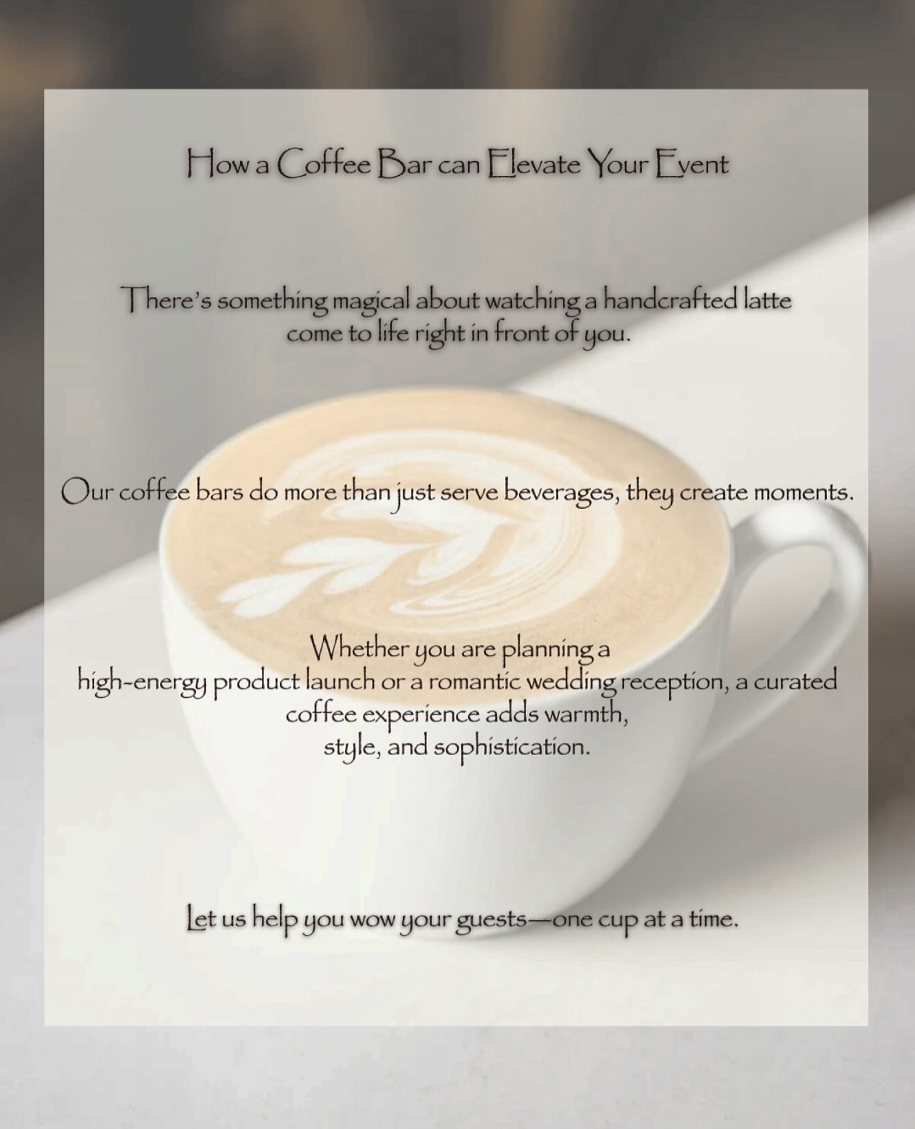 Booking our mobile espresso bar is simple.✨
Here is how:
1. Visit the link in bio. ↗️
Head to our website and fill out the “Event Inquiry” form with your event details. Including the date, location, guest count, and anything else you’d like us to know!
2. Let’s Chat 💬
We will reach out promptly to confirm availability, answer any questions, and to help customize the perfect drink menu for your event.
3. Review & Reserve ✅
Once everything looks just right, we will send over a contract and deposit details to secure your date.
4. Sip & Celebrate 🎊
We show up, set up, and serve your guests handcrafted espresso drinks with warmth and style-so you can enjoy every moment.