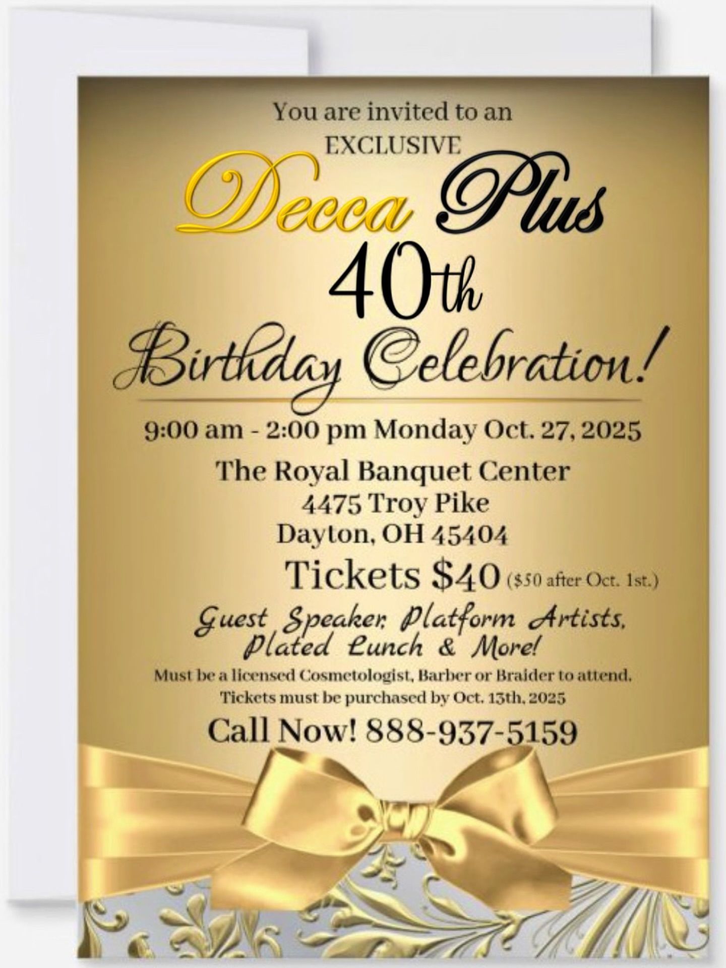 Join us at Decca Plus’s Black & Gold 40th birthday celebration! Your valued support has been key to this great achievement. Join the fun-filled celebration honoring the company’s journey, innovations, and loyal customers who made it all possible. There will be a guest speaker, platform artists, music, networking, a plated lunch and more! To R.S.V.P., please call 888-937-5159. We look forward to celebrating this milestone with you!
#deccaplus #deccaplusproducts #naturalbeautyproducts #deccaproducts #blackandgold #celebration #40thbirthday #40years #acheivement #celebrate #haircare #haircareproducts #support #birthday #hair #guestspeaker #networking #cosmetologist #barbers #trichologist #loctician #naturalhairstylist #thankyou #celebratewithus #satintame #satinpomade #allhairtypes #haircolorist #family #supporters