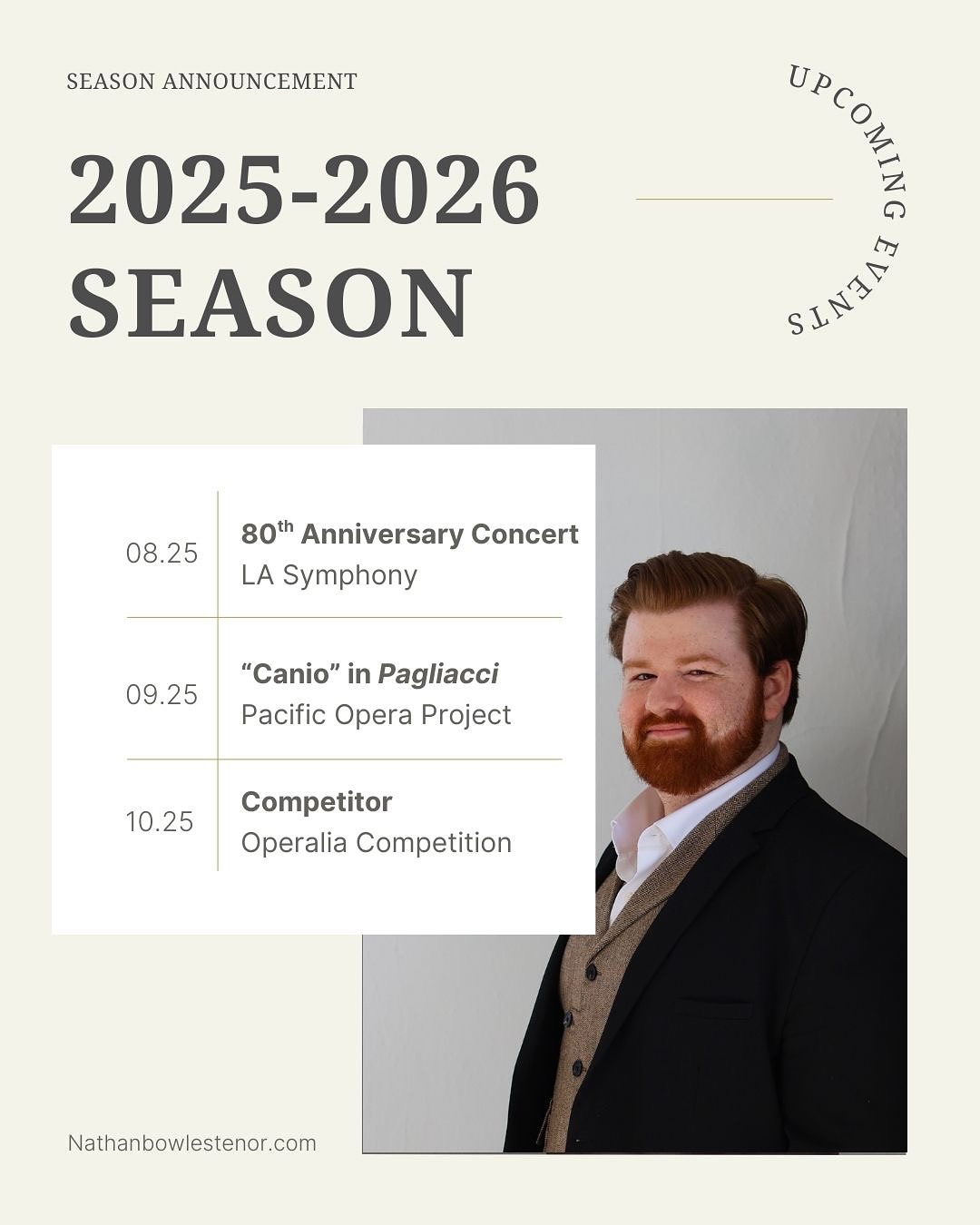 Thrilled to share with you all my 2025–26 season! I feel so blessed to be returning to @laopera for my second year as a Domingo-Colburn-Stein Young Artist, where I’ll have the joy of performing some new and exciting roles, collaborating with world-class artists, and continuing to grow on one of my favorite stages in the country. I’m particularly looking forward to making my role and house debut as Canio in Pagliacci with @pacoperaproj . So many fun moments to share, stay tuned for more!
.
.
.
.
.
.
#operasingersofinstagram #thrilledtoannounce #singer #opera #verdi #mozart #beethoven #puccini #leoncavallo #season