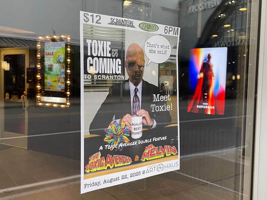 📸 Guess what, Scranton? We’ll be taking pictures with Toxie at the screening and mailing them straight to Lloyd Kaufman so he can display them at Tromaville HQ! 🧪💥
That means your picture could be shown to a true indie film icon. 🤘 But here’s the catch… it only happens if you SHOW UP!
Don’t miss your chance to be part of Troma history. 🍿🧼
For everyone who says “nothing ever happens in Scranton” think again. 💥
Lloyd Kaufman has lent us one of his most precious creations: The Toxic Avenger. Known for always putting his fans first, Lloyd is giving Scranton the chance to experience the cult classic on the big screen along with the brand new cut Mr. Melvin.
only at The Scranton Art Haus - August 22nd at 6pm!!!! Seats are limited! Buy tickets ahead of time! 🎟️
Link in bio 👆
Come out, show your support, and get ready in anticipation of the new Toxic Avenger hitting theaters next week. This is your chance to experience the original in all its glory. 🧪🍿🧼
#ToxicAvenger #MrMelvin #LloydKaufman #TromaInScranton #CultCinema #ScrantonFilms #ScrantonEvents #ArtHausScranton #SupportIndieFilm @tromateam @tromapopm @unclelloydkaufman @toxicavenger