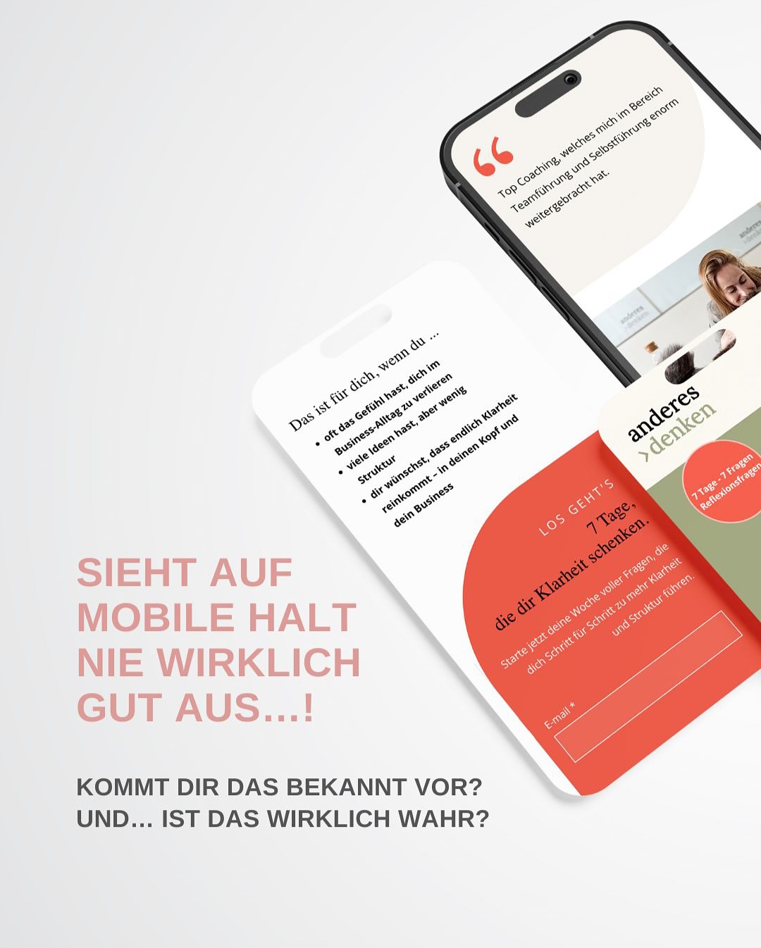 Du hast deine Website mit Sorgfalt gestaltet.
Am Desktop wirkt alles klar, aufgeräumt, durchdacht.
Die Abstände stimmen, der Text atmet, alles ist visuell aufeinander abgestimmt. ✅
Und dann schaust du dir deine Webseite auf Mobile an... und plötzlich fühlt sich alles eng an.
😣 Gequetscht.
😵💫 Unruhig.
📦 Überladen.
🤔 Irgendwie nicht mehr stimmig.
Als würde dein Website auf einmal die Luft anhalten. 🫁
Deine Gedanken in diesem Moment:
„Das ist halt Mobile... da kann man nicht viel machen. Da ist einfach zu wenig Platz.“
Aber ist das wirklich so? 🧐
📱 Mehr als 70 % deiner Besucher erleben dein Online-Business zuerst auf dem Smartphone.
Was wäre, wenn es gar nicht am Platz liegt, sondern daran, wie du ihn nutzt?
🟦 Denn:
Eine weisse Fläche, egal wie klein sie ist, ist niemals „zu wenig“.
Sie ist Raum. 🏠
Bühne. 🎭
Der Ort, an dem Design atmen und Fokus wirken kann. 🎯
Gutes Design braucht keine grosse Fläche.
Es braucht klare Entscheidungen.
Bewusstes Weglassen.
Und ein Verständnis für Wirkung.. selbst auf engem Raum. ✨
🔁 Wenn du beginnst, Mobile nicht als Einschränkung zu sehen, sondern als Chance sichtbar zu werden, verändert sich dein gesamter Designprozess.
👉 Ich begleite dich genau bei diesem Perspektivwechsel.
Was wäre möglich, wenn dein Webdesign sich auch auf kleinen Screens grosszügig, leicht und richtig anfühlt?
▶️ Lass uns genau da ansetzen! 💡
In 1:1 Sessions oder gezielten Design-Deepdives schauen wir gemeinsam auf das, was feststeckt und schaffen Raum, der wirkt.
🚫 Kein Redesign.
✅ Sondern Klarheit. Struktur. Wirkung. Mobil mitgedacht.
💬 Schreib mir eine DM, wenn du das Gefühl hast:
„JA, GENAU DAS FEHLT MIR GERADE.“
Denn auch deine Nachricht an mich, wird sich für dich richtig anfühlen. 🤍
@anderes.denken