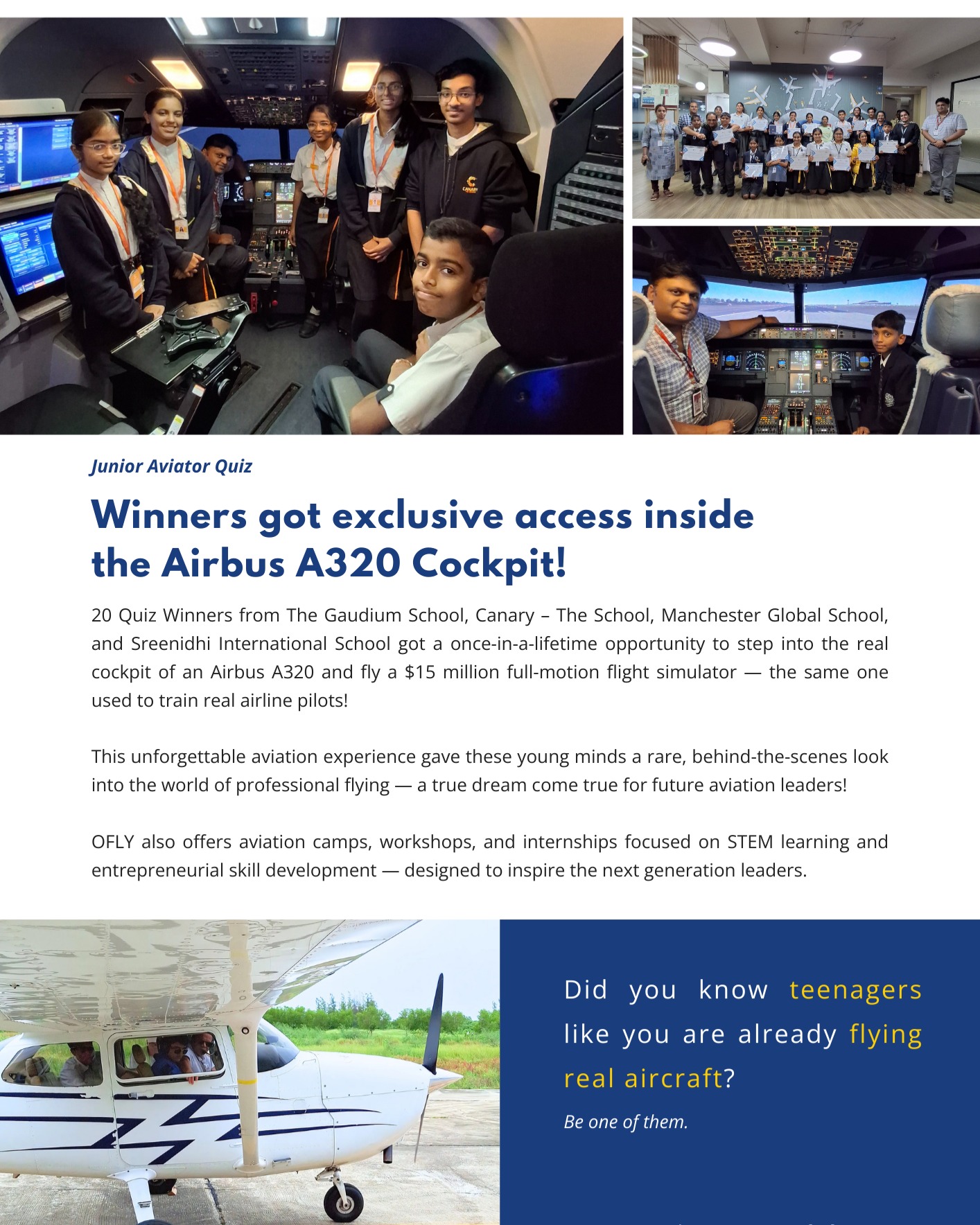 ✈️ Inspiring Young Minds, One Cockpit at a Time
As part of our annual city-wise Junior Aviator initiative, 20 school students got a once-in-a-lifetime opportunity to step inside the Airbus A320 cockpit—sparking dreams of aviation careers and igniting curiosity about the skies. 🌍
And we’re taking it a step further... 🚀
📢 Registrations are now open for the International Aviation Workshop for Students (15–17 September). This unique program offers:
✔️ Real flying lessons (3.5+ hours)
✔️ Theoretical sessions with aviation experts
✔️ Hands-on exposure to aviation careers
Don’t just dream of flying—experience it for real!
#OFLY #JuniorAviator #FuturePilots #AviationWorkshop #AviationEducation #FlightExperience