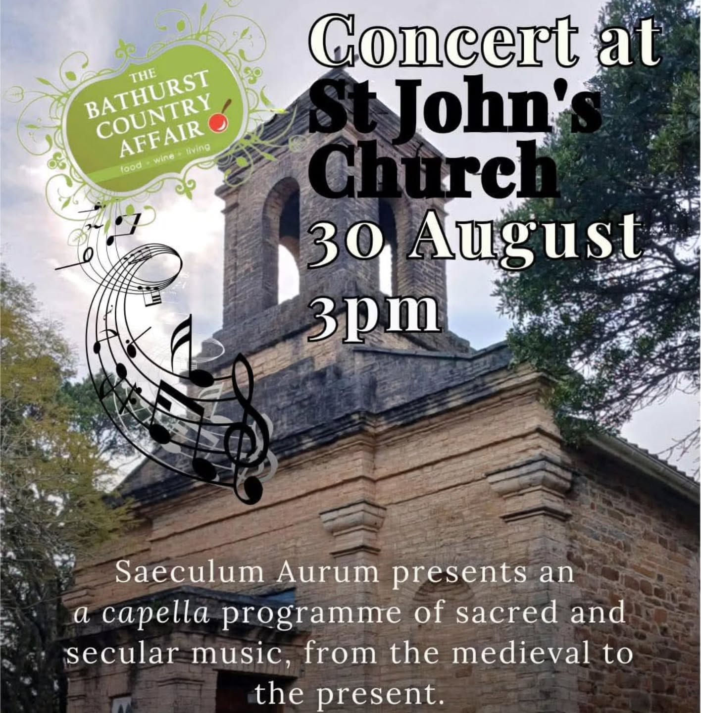 🎶 Concert at St John’s Church – Bathurst Country Affair 🎶
📅 Saturday, 30 August | 3:00 PM
As part of the Bathurst Country Affair,
Saeculum Aurum presents an enchanting a cappella programme of sacred and secular music, spanning from the medieval to the present day.
✨ Entrance is free (retiring cash collection)
🍷 Join us afterwards for a glass of wine and snacks
Come celebrate music, history, and community in the heart of Bathurst!